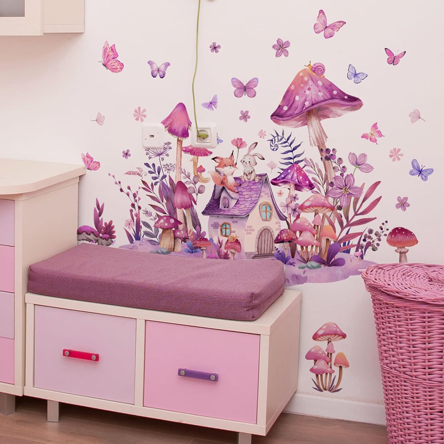 Mushroom Wall Decals Fairy Garden Wall Stickers Flower Butterflies Wall Stickers Garden Plant Grass Flower Peel and Stick Wallpaper for Kids Baby Bedroom Nursery Home