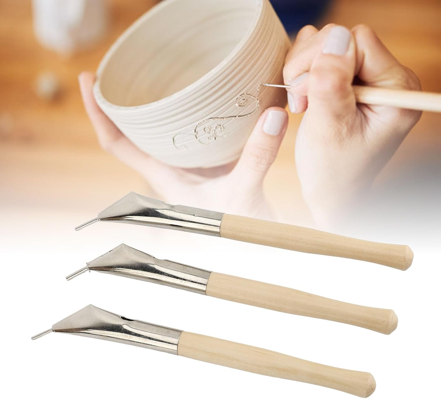 3PCS Batik Printing Pen, Clay Carving Tools Stainless Steel Wooden Handle for Drawing on Fabric Cloth Crafts Pottery, Art Tool with Multiple Functions, Great Art Supplies image number 5