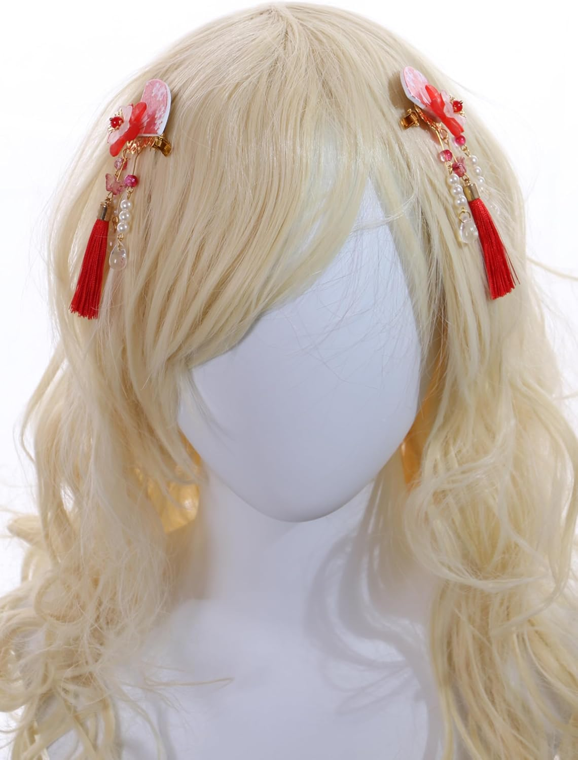 C-118-2 Red Fan Shape Sakura Cherry Blossom Tassels Hair Clip Hair Clip Hair Clip Japanese Geisha Kimono China Hanfu Accessory image number 5