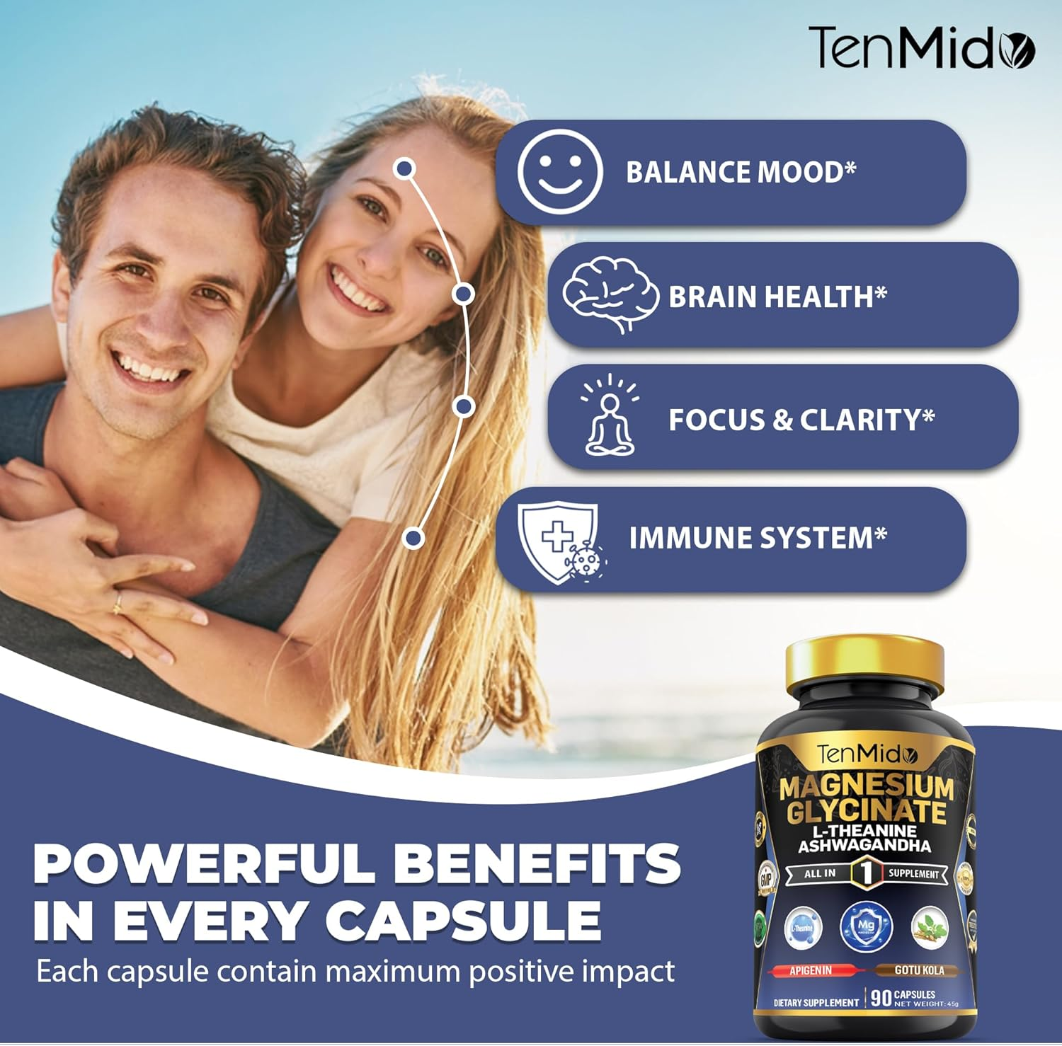 Tenmido Magnesium Glycinate Supplement - 6In1 with Ashwagandha, L-Theanine, Apigenin, Gotu Kola, and Black Pepper - 90 Vegan & Non-Gmo Capsules