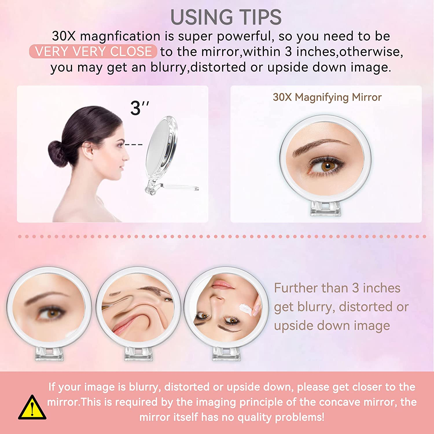 30X Magnifying Mirror, 30X/1X Two Sided Hand Mirror,Travel Mirror for Precise Makeup Applications,Tweezing, and Blackhead/Blemish Removal，5 Inch image number 6