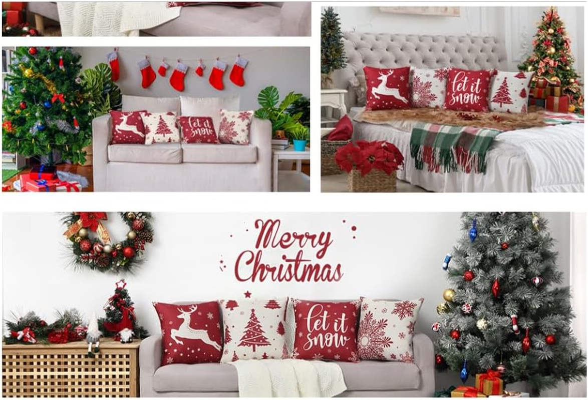 Christmas Cushion Covers 18X18 Inch, 4 Pack Pillow Covers Christmas Tree Snowflake Reindeer Santa Claus Linen Throw Pillow Cases for Home Decor, Bedroom, Sofa Christmas Decor New - A image number 5