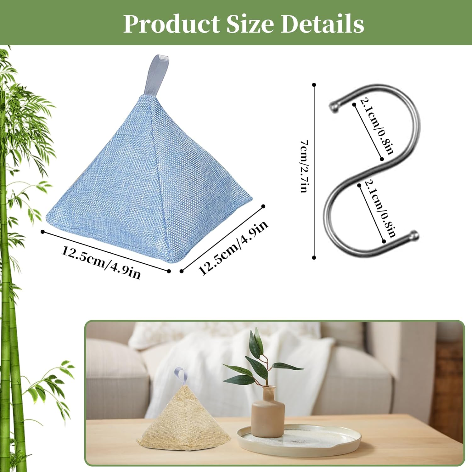 4 Pack Activated Bamboo Charcoal Bags with 4 Hooks Air Purifier Deodorizer Bags Dehumidifier Bags Stylish Pyramid Design Applicable to Car Closet Bathroom Basement Litter Box Shoe Air Fresheners Bags image number 1