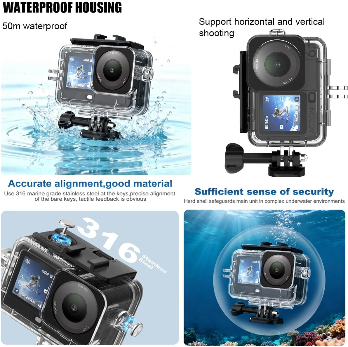 Husiway Accessories Kit for DJI Osmo Action 6 Waterproof Case Diving Housing Silicone Case Glass Screen Protector Film Whole Bundle 60D image number 6