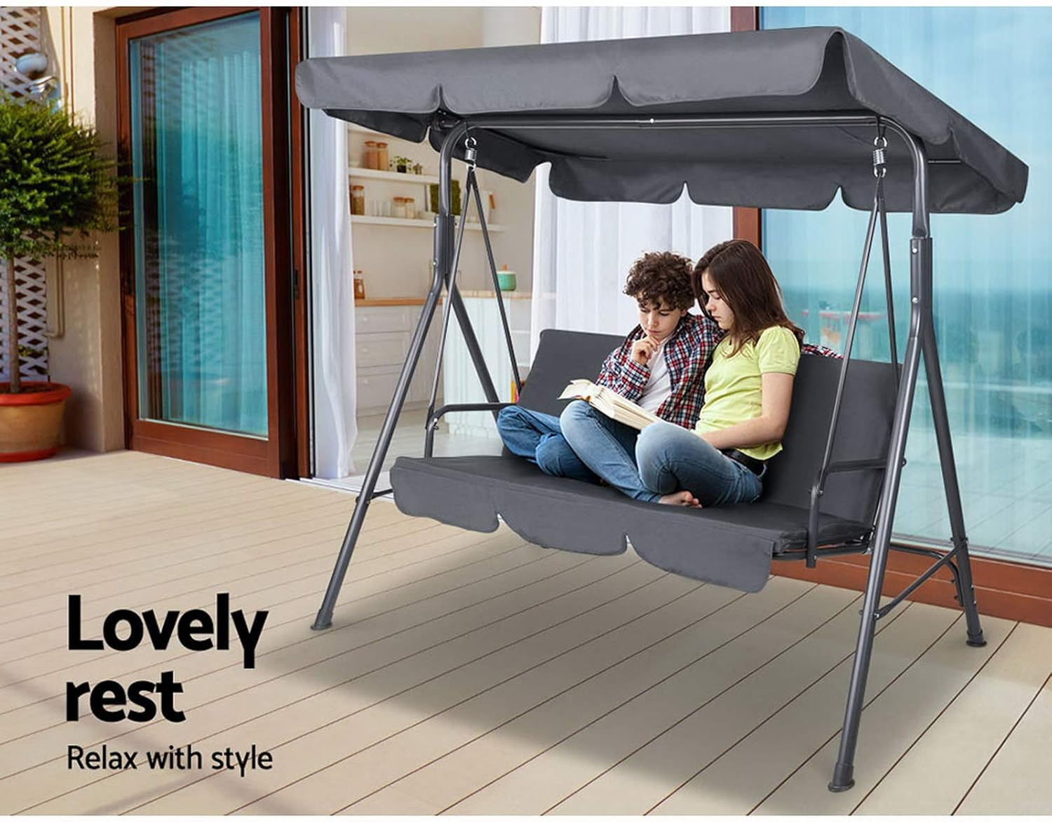 Gardeon Outdoor Swing Chair 3 Seater Grey Garden Bench Hanging Seat, Patio Baconly Furniture Chairs, with Adjustable Canopy Cushions Stand Water Resistant 200Kg Capacity - Beige image number 3