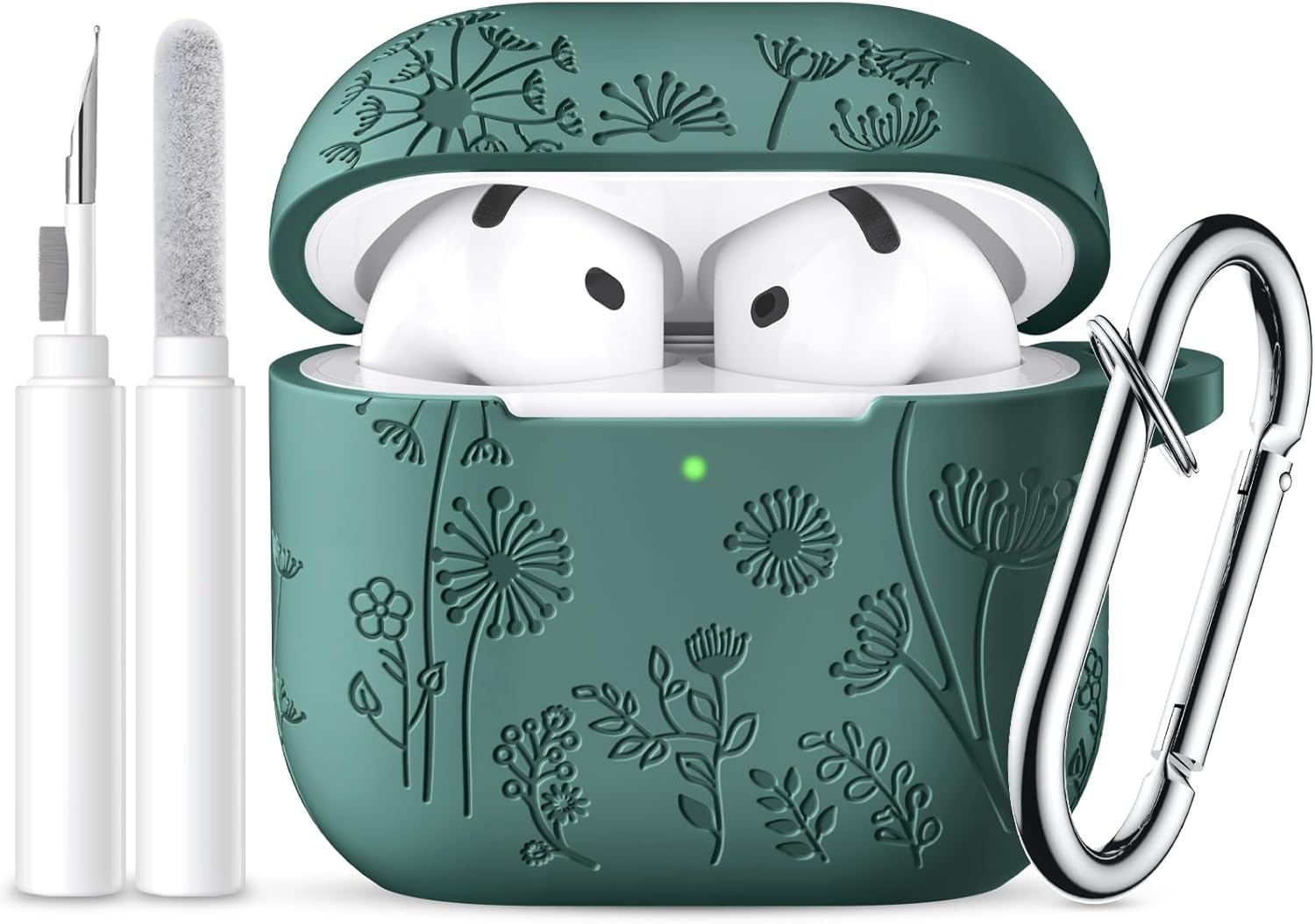 Ouwegaga Compatible with Apple Airpods 4Th Generation Case Cover(2024), Soft Silicone Flower Print Engraved Full Protective Cover for Airpods 4 Case (USB-C) with Keychain for Women Men, Pine Green image number 2