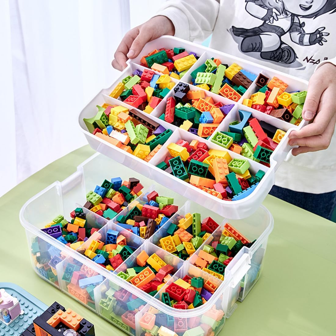 Toy Organizer Bins with Compartments, Building Blocks Storage, Storage Containers for Building Brick Storage, Plastic Stackable Organizer Bin Toy Chest (Green 3 Layers) image number 2