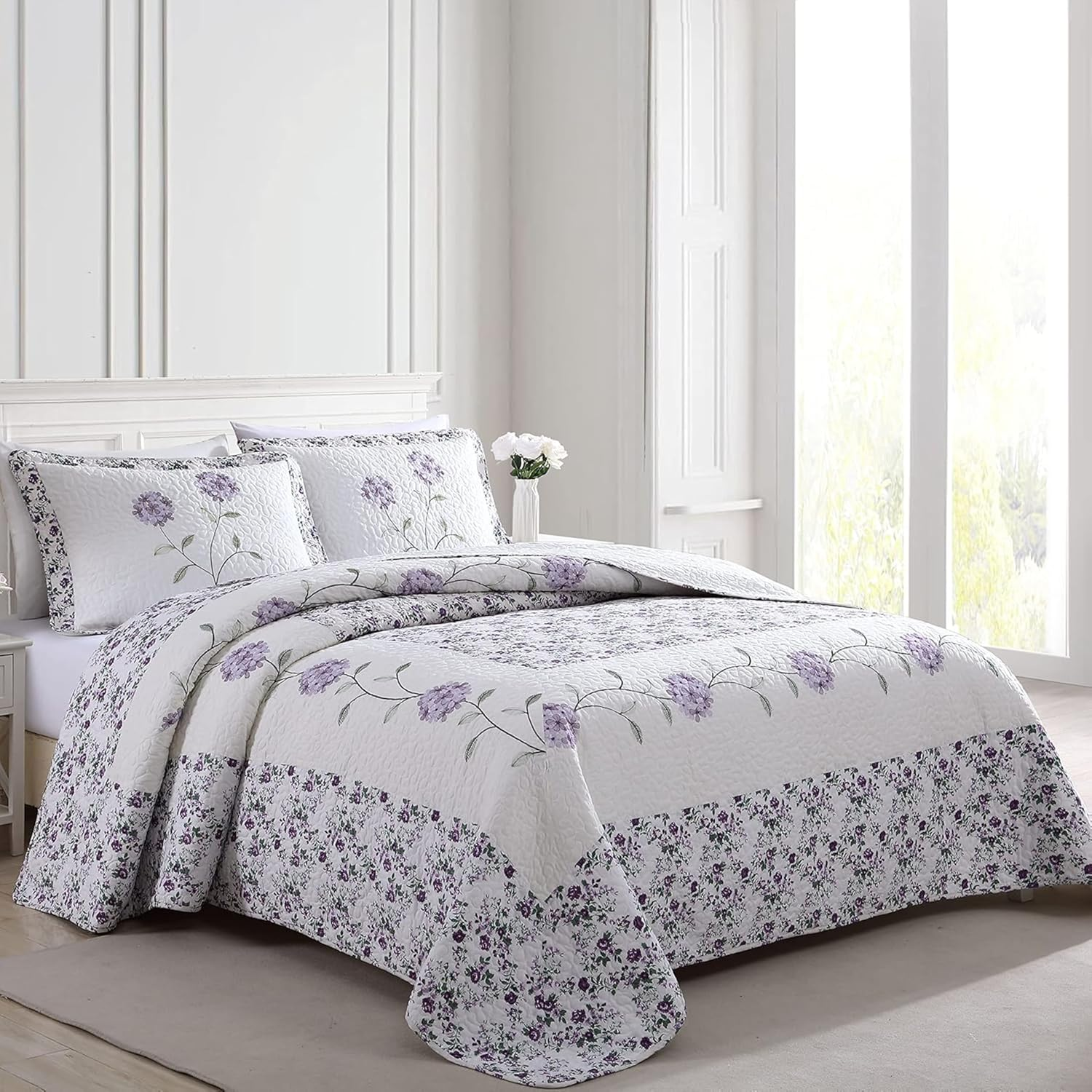 Beatrice Home Fashions Carnation Floral Embroidered Quilted Bedspread, Lightweight, All-Seasons, Full, Lavender image number 3