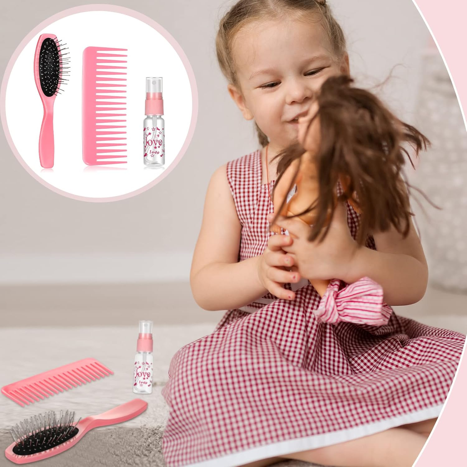 3 Pieces Hair Brush Kit for 18 Inch Doll - Wig Brushes, Wire and Plastic Brush, Comb Set with Spray Bottle for Head Care Styling Detangling Accessories (Light Pink) image number 1