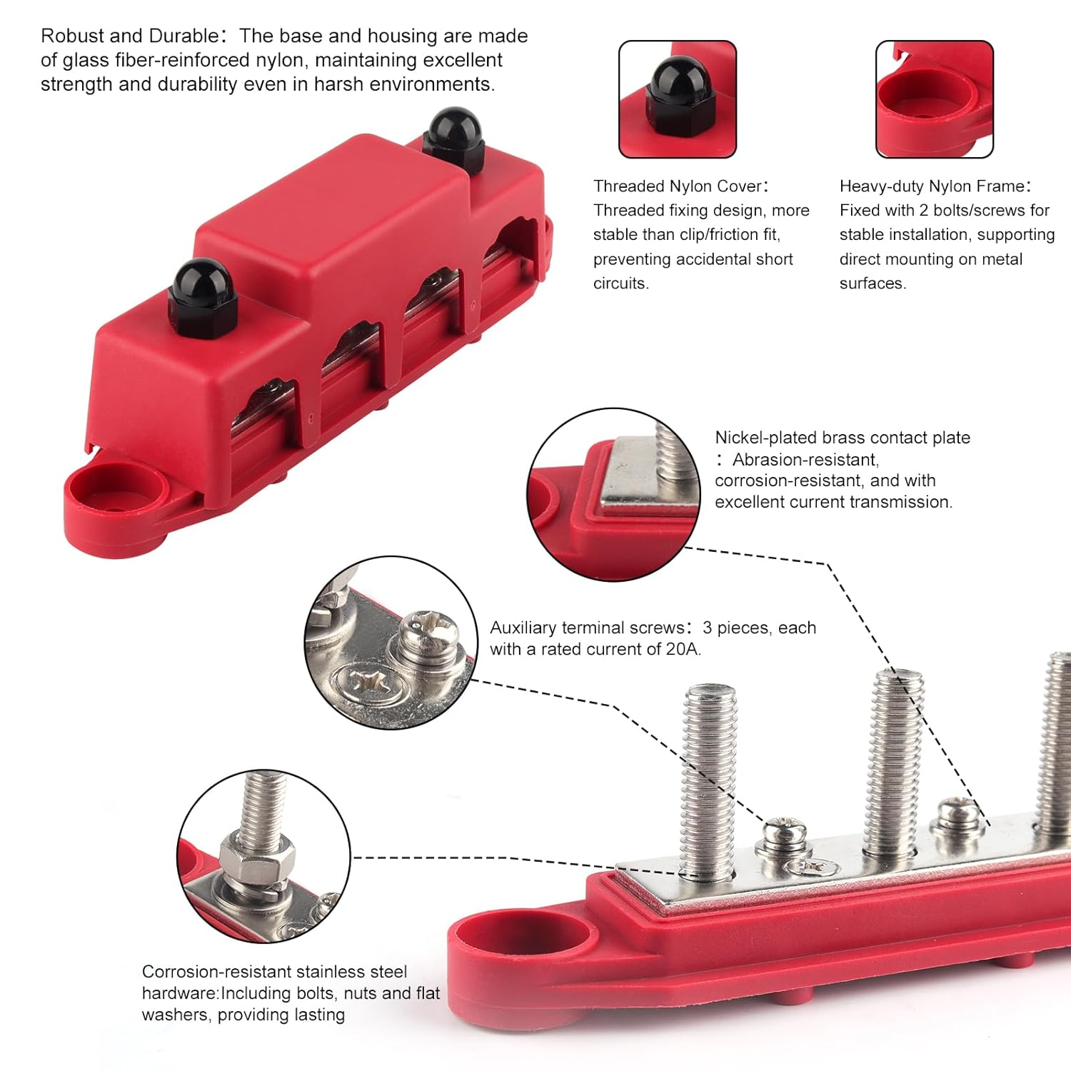 12V Bus Bar Power Distribution Block, 250A Battery Busbar Terminal Block with Cover, 4 X 5/16" Studs, Anti-Galling Battery Junction Blocks for Automotive Marine Cars Rvs Ships Yachts image number 3