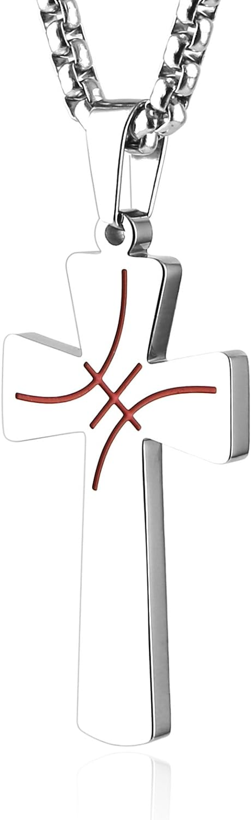 HZMAN Basketball Football Soccer Cross Pendant, I CAN DO ALL THINGS STRENGTH Bible Verse Stainless Steel Necklace