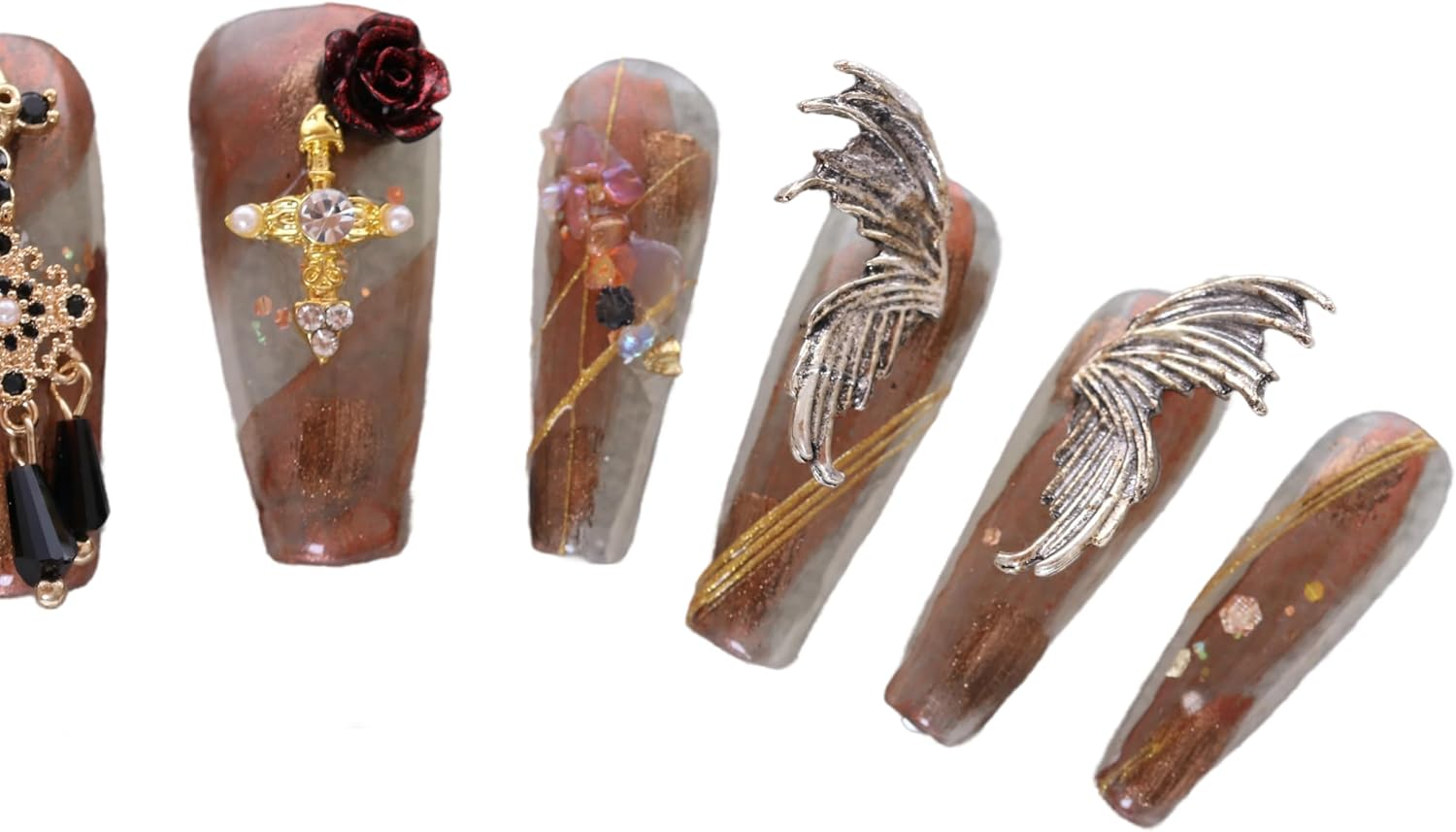 PN-023 Press-On Nails Varnished Pack of 10 Reusable Artificial Premium Nails Desert Rose Wings Transparent Brown