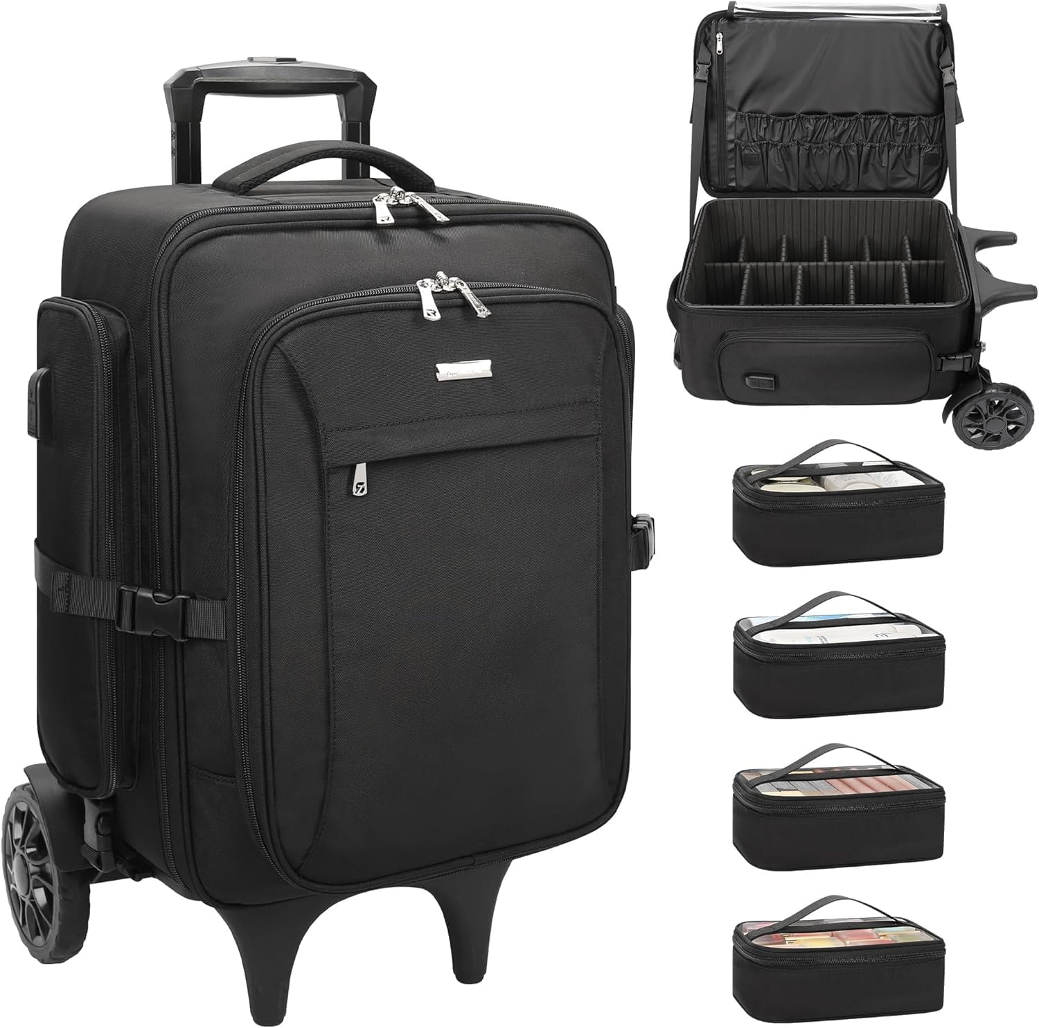 Relavel Rolling Makeup Case with 4 Small Bags, Large Make up Travel Organizer with 2 Big Wheels, Professional Lockable Makeup Artist Backpack with Adjustable Dividers for Daily Use, Trip - Black image number 2