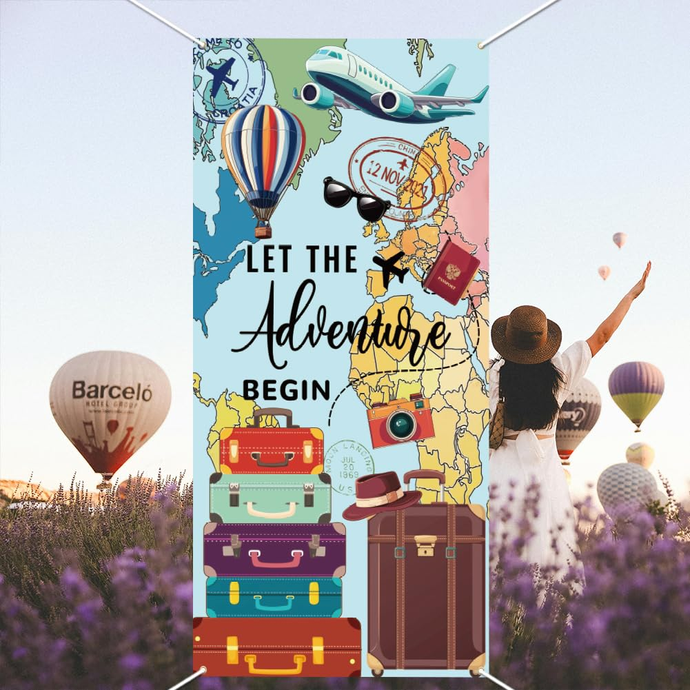 WADORN Let the Adventure Begin Backdrop, Adventure Awaits Birthday Party Banner Decorations Large Fabric Global Travel Photo Booth Banner Map Photography Background for Graduation 35.43X70.87 Inch