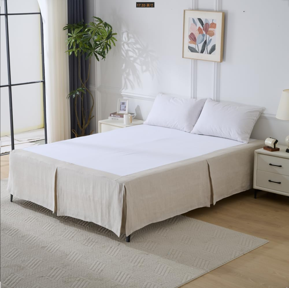 Washed French Linen Bed Skirt, 16-Inch Dust Ruffle, Queen Size 60" W X 80" L, Herringbone Linen, Super Soft, Natural Color