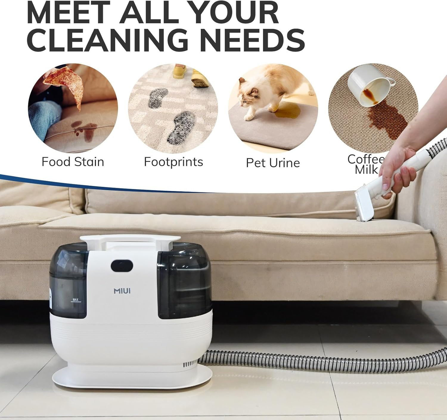 MIUI Spotclean, Multi-Purpose Portable Cleaner, Carpet and Upholstery Cleaner Machine, Non-Chemical Stain Remover for Pets, Stairs, Car Seats and Couch, Cushions, Lightweight, 75Db, Compact image number 4