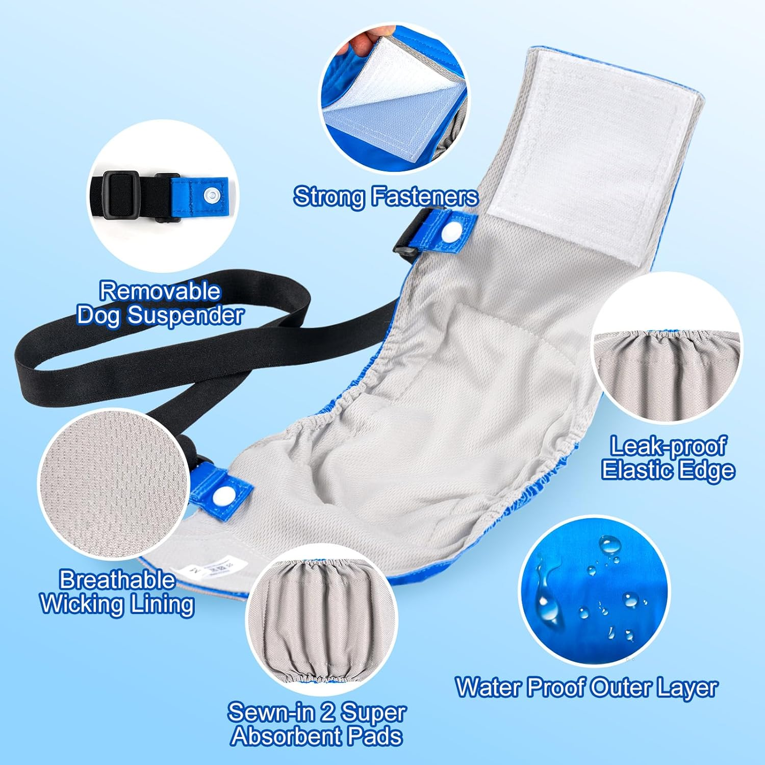 Dono Washable Belly Bands for Male Dogs 3 Pack, Reusable Dog Diapers Male, Super-Absorbent Doggie Puppy Male Wraps, Blue Black Gray, Large