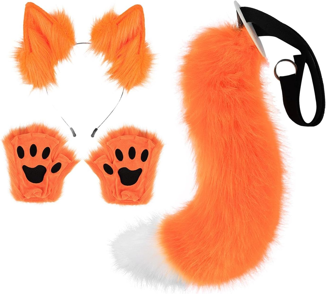 Fox Ears and Tail Set Plush Wolf Ears Hair Clip with Gloves, Plush Costume for Kids Adults Hair Hoop for Prom, Dance, Funny Gifts Dress Up, Coffee