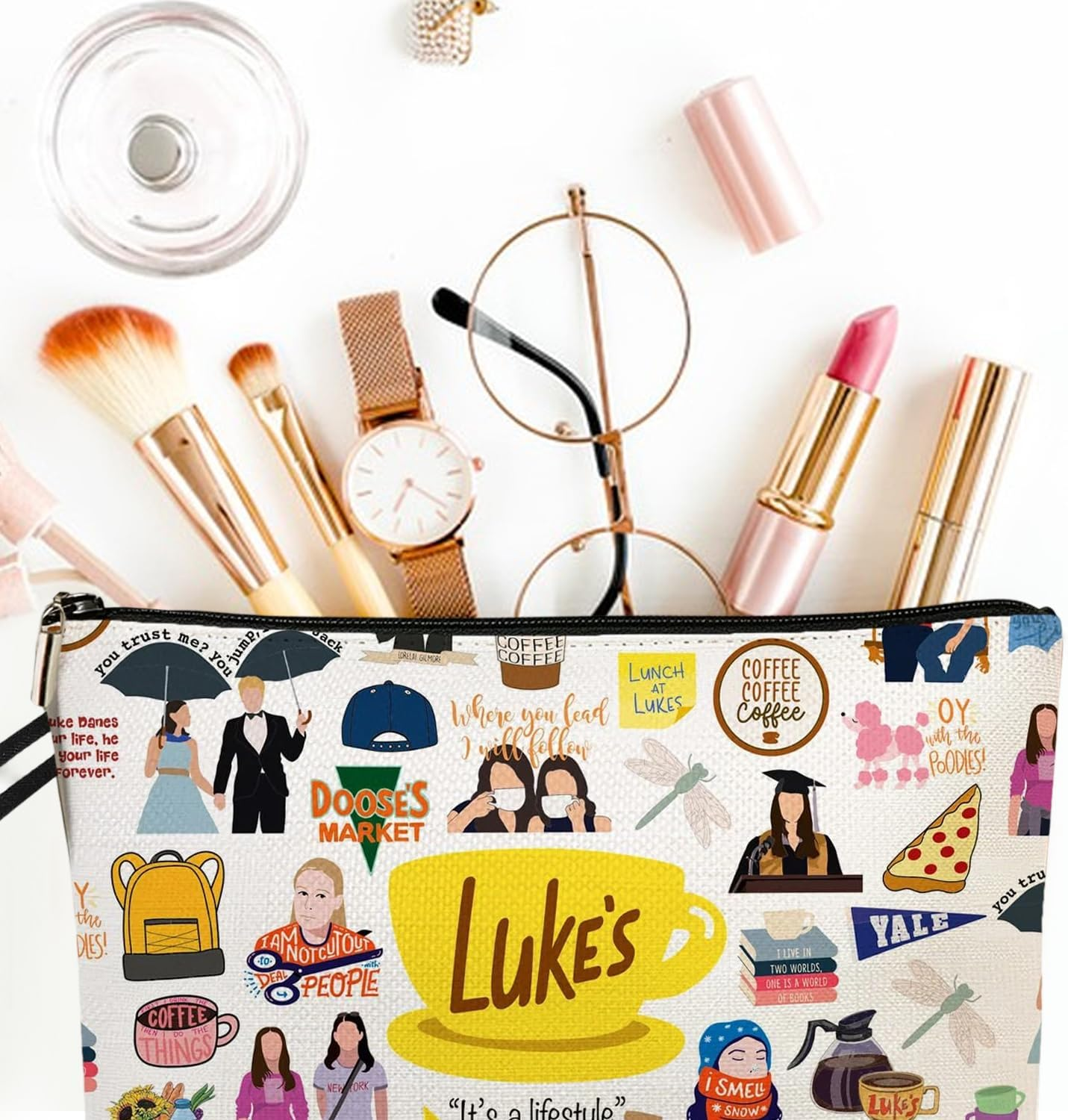 Gilmore Cosmetic Bag Gilmore Girls Fan Item Gifts for Gilmore Fans Luker'S Dinner Inspired Gifts Makeup Bag with Hand Strap Portable Toiletry Bag Women for Travel Everyday Life, Multicoloured, Stylish image number 1