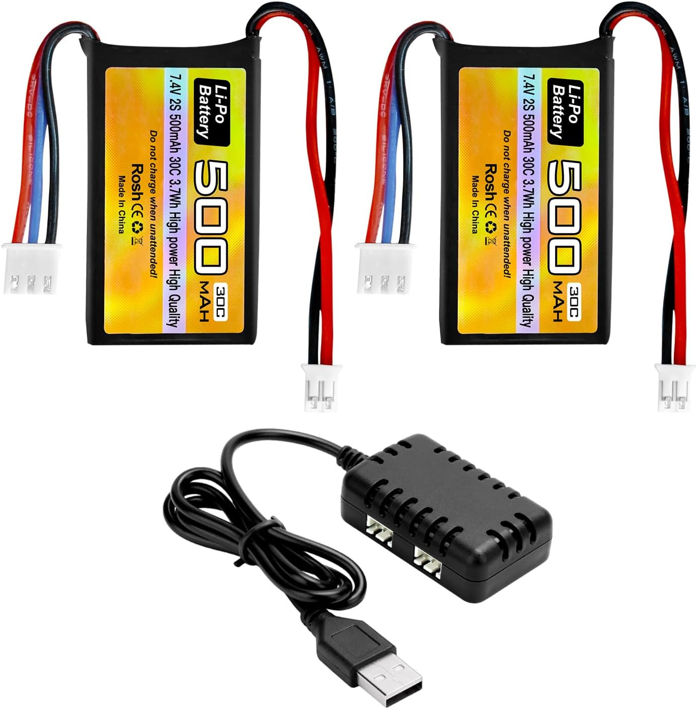 2PCS 7.4V 500Mah 30C Lipo RC Vehicle Battery with PH2.0 Plug and 2In1 Charger for AX24 SCX24 RC Vehicle Model Battery Compatible with Most 1/10, 1/16, 1/18, 1/24 RC Vehicles and Trucks image number 3