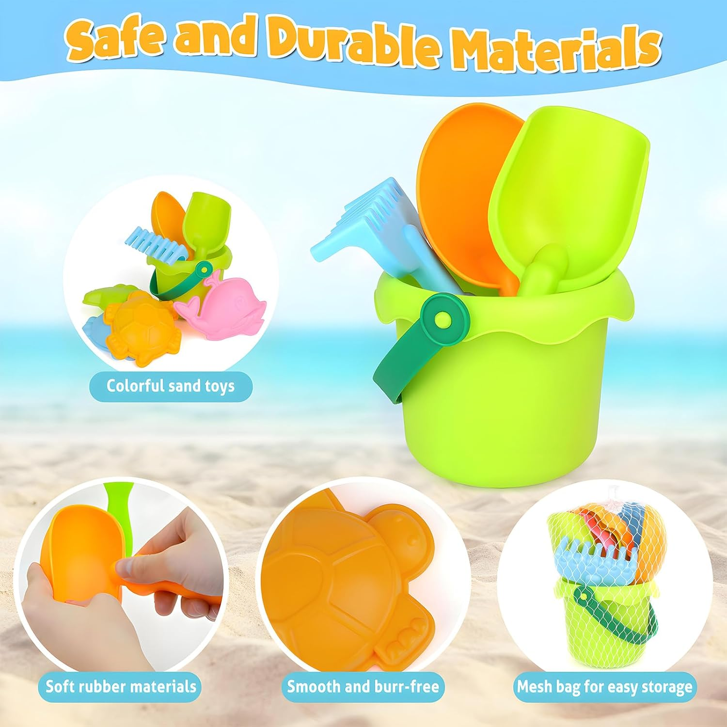 8 Pcs Buckets and Spades Beach Sand Pit Toys for Kids, Beach Water Play Sandbox Toys Set with Mesh Bag Sand Molds Shovel for Kids Boys Girls Travel Summer Outdoor image number 2
