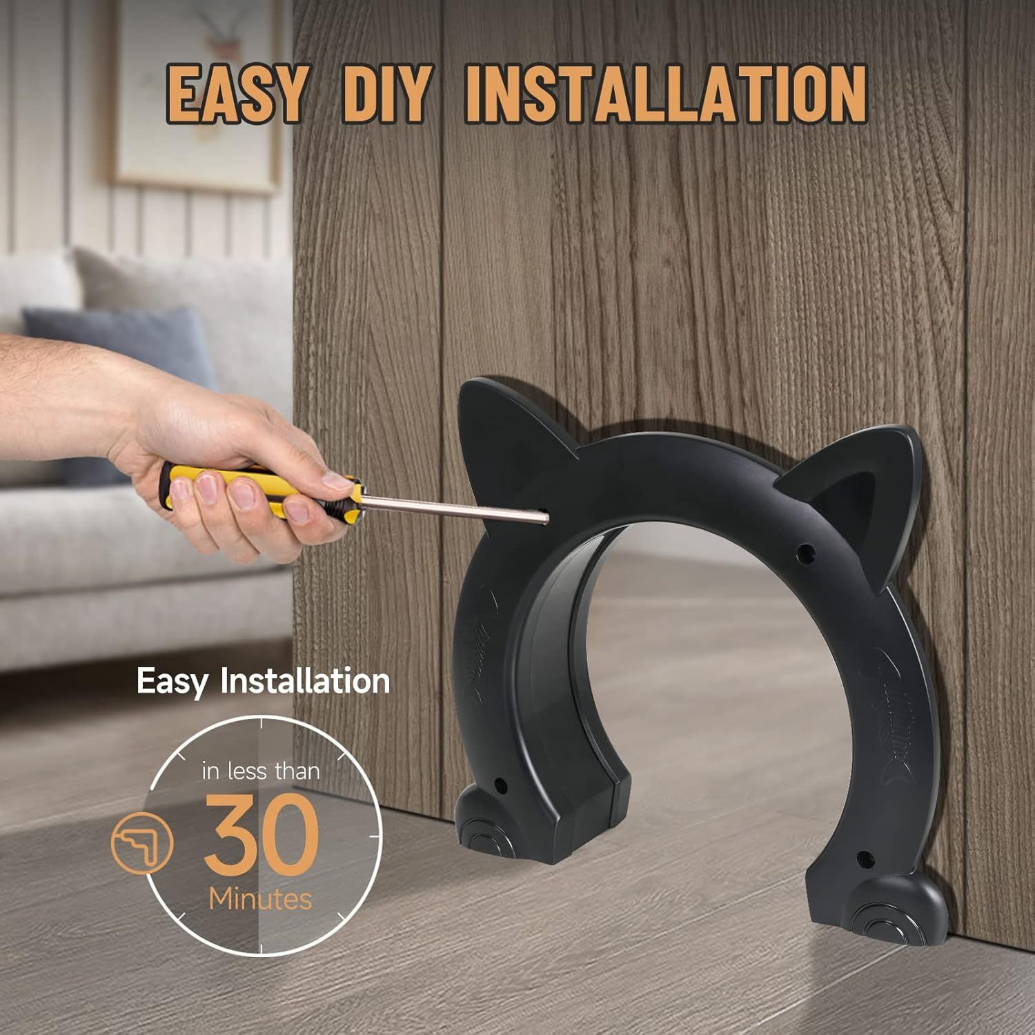 Cat Door Interior Door for Kitties, Pet Door for Hollow Door, Kitty Door, Indoor, Secured Installation in Minutes, No-Flap（Black） - Black image number 5