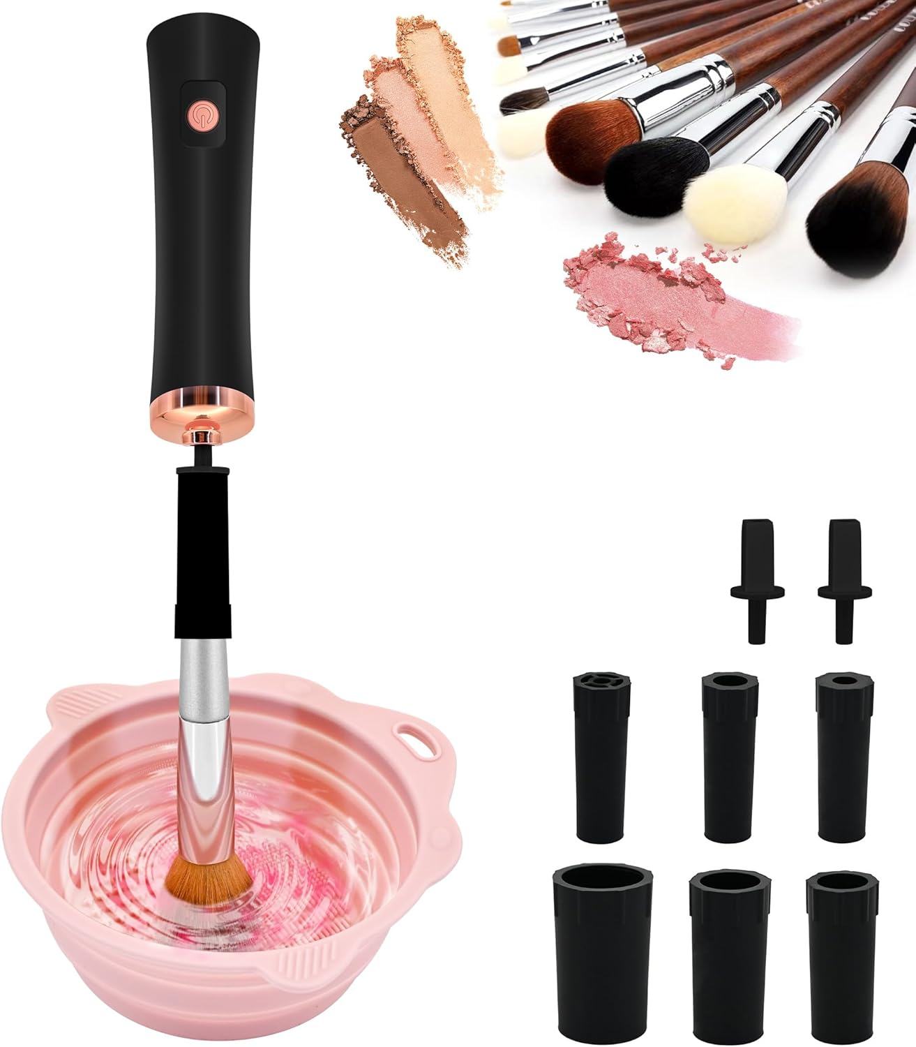 YBVABE Makeup Brush Cleaner and Dryer with Silicone Makeup Brushes Cleaner Bowl, Portable Cleaning Tool for Brushes, Powder Puffs, and Sponges, Super-Fast Automatic Cosmetic Brush Spinner (Pink)