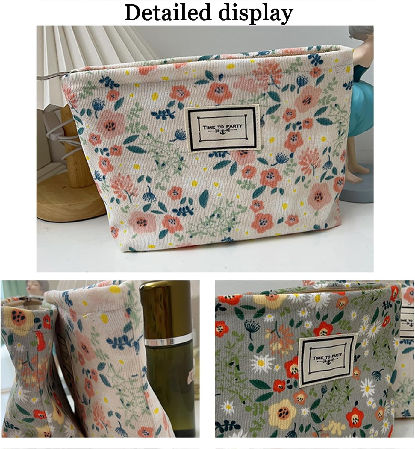 Gidary Floral Cosmetic Bag Makeup Bag Preppy Cute Corduroy Toiletry Bag for Women Travel Essentials（Green） image number 1