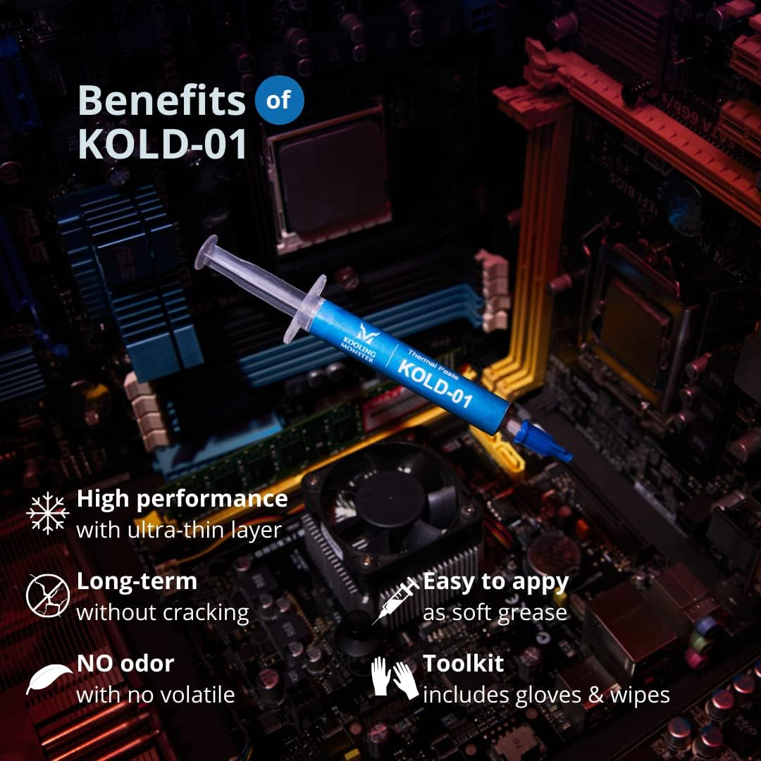 Kooling Monster KOLD-01, High Performance Silicone Thermal Paste for Cooling All Cpu/Heatsinks/Ps4, Silicone Paste Designed for Easy Spreading, Inc. Gloves & Cleaning Wipes, No Odor (0.7Ml/1.8G) image number 3