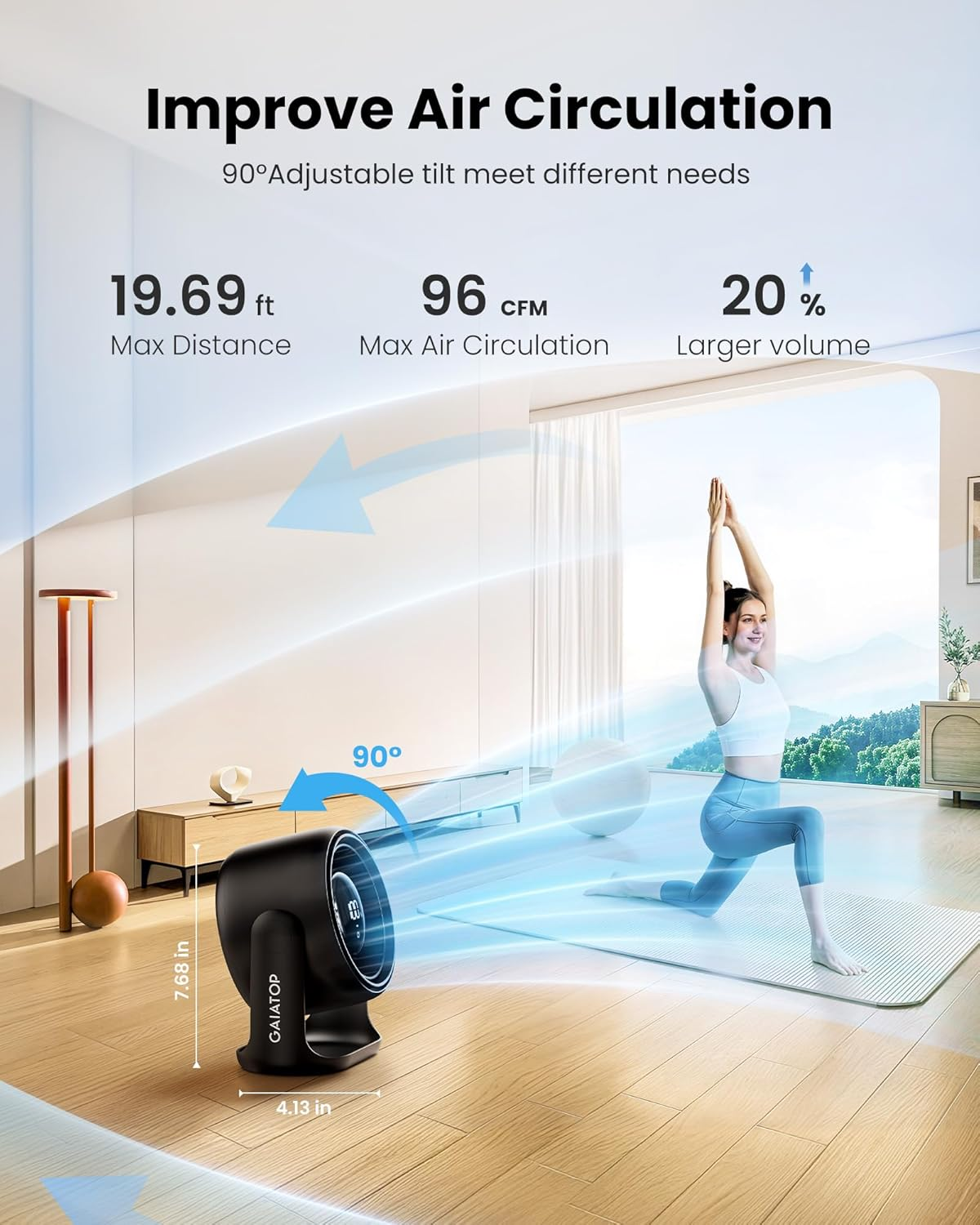 Gaiatop Desk Fan with Touch Control, 4000Mah Battery, 5 Speeds Ultra Quiet Bedroom Fan with LED Display, 90&deg; Tilt, 7.7 Inch USB-C Rechargeable Desktop Fan for Dorm Office Room Home Office, Black image number 3