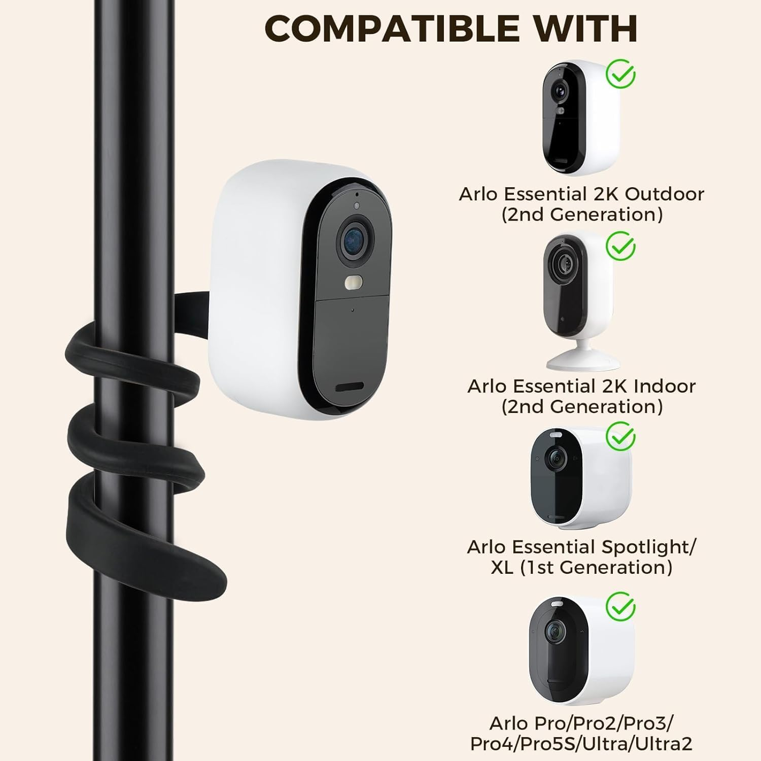 2Pack Security Camera Mount Compatible with Arlo Essential 2K Outdoor/Indoor/Spotlight, Arlo Pro/Pro2/Pro3/Pro4/Pro5S, Flexible Twist Mount for Arlo Cameras without Wall Damage image number 4