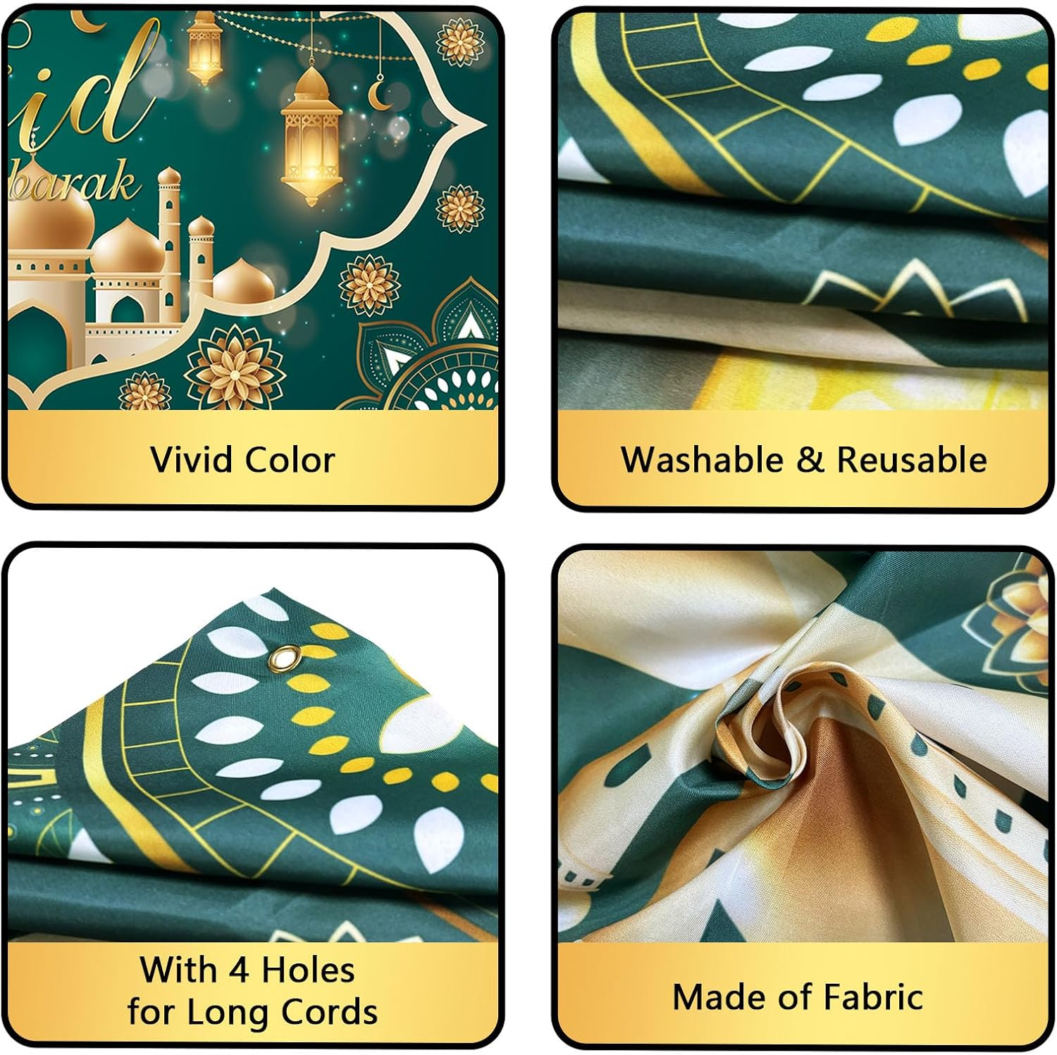 Eid Mubarak Banner 2025, Extra Large Fabric Ramadan Kareem Backdrop for Decorations, 72 X 44 Inch Star Moon Lanterns Castles Photo Booth Background for Islamic Muslim Al-Fitr Party Supplies image number 3