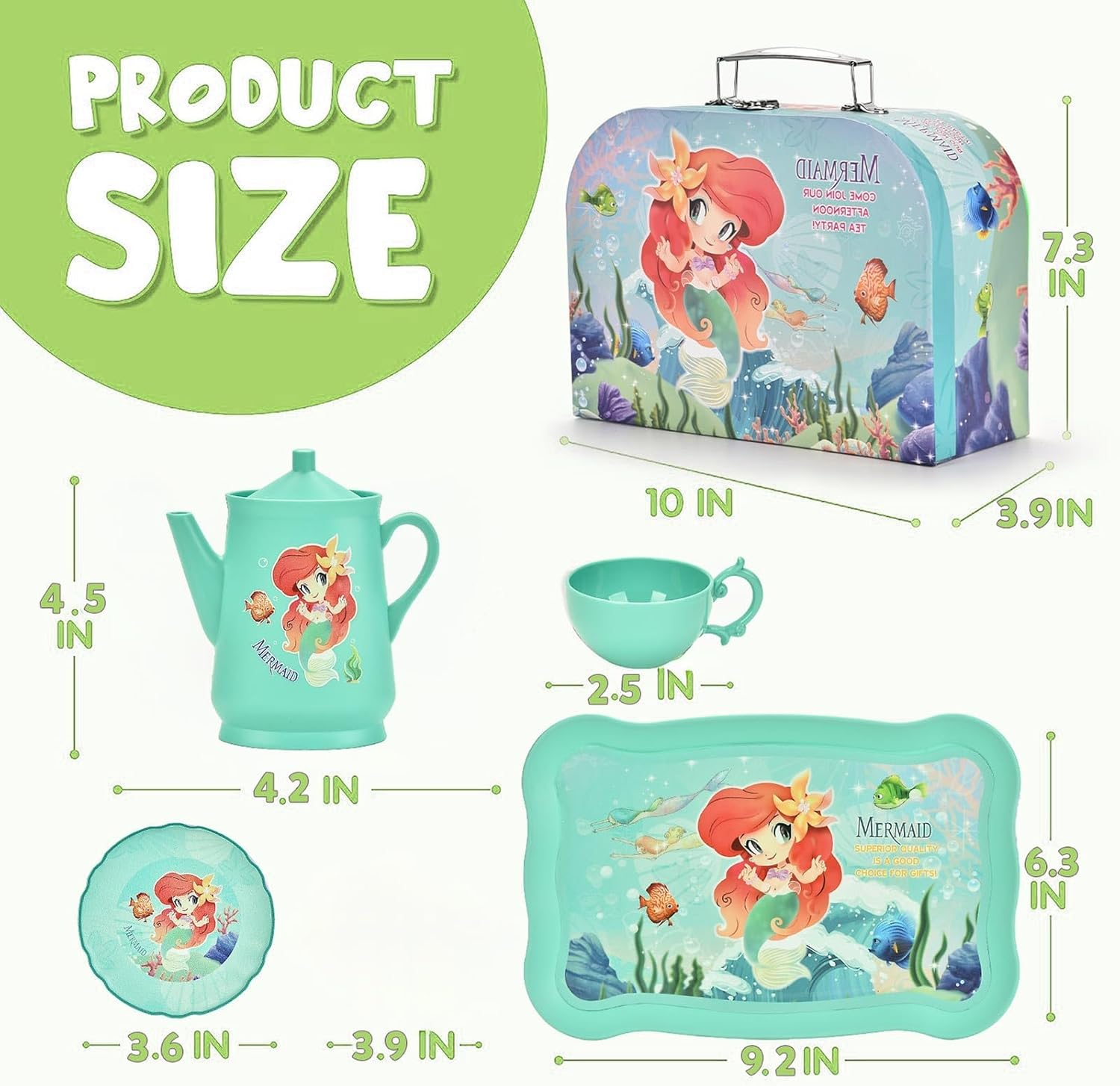 Mermaid Tea Party Set for Little Girls, 44PCS Food Sweet Treats Playset for Princess Tea Time Play Kitchen Toys Birthday Gifts for Age 3 4 5 6 Year Old Girls,Pretend Tin Teapot, Cups, Plates image number 5