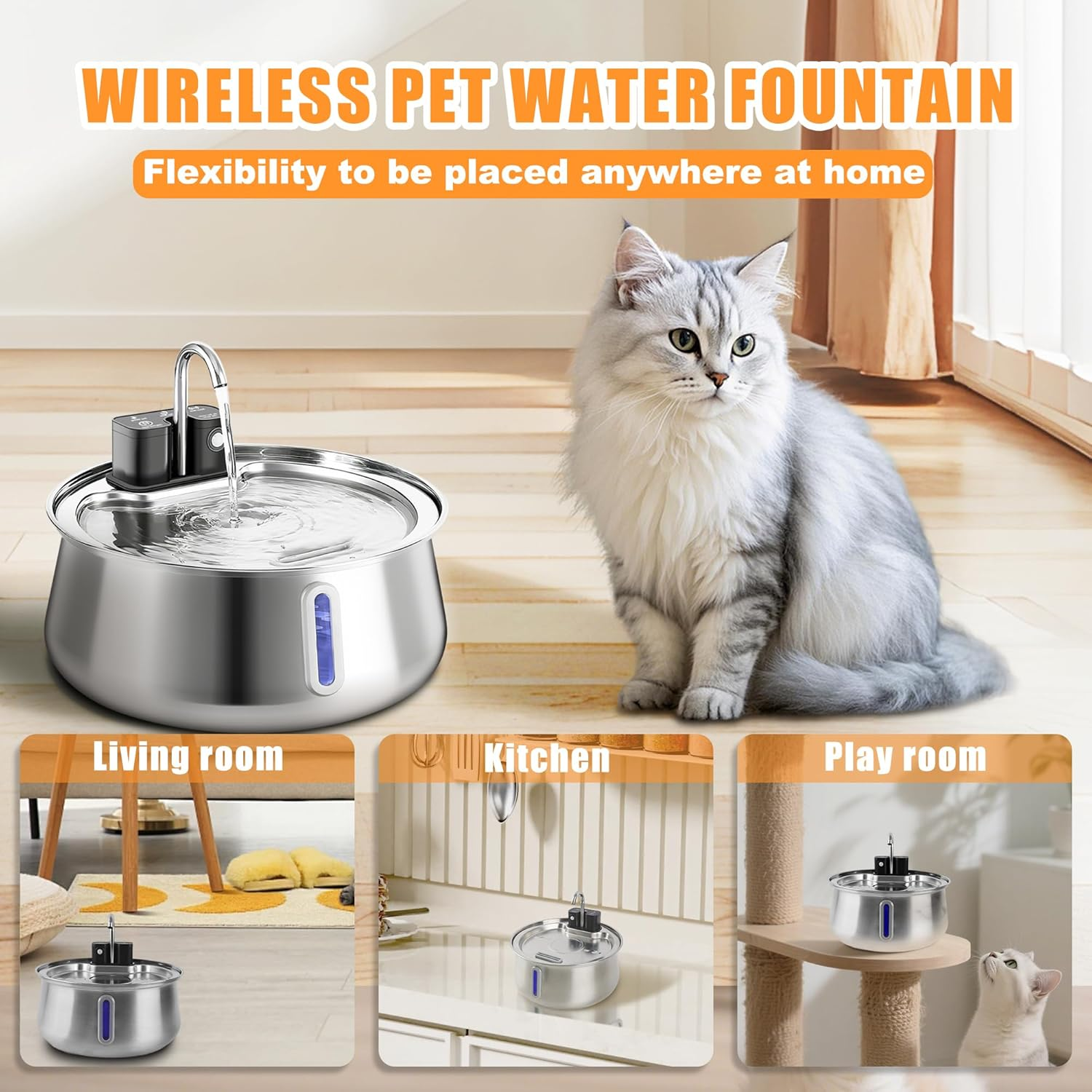 OMIPAWZ Cordless Cat Water Fountain Stainless Steel, 4L Automatic Wireless Pet Drinking Fountain Battery Operated with Water Level Window for Cats Dogs image number 6