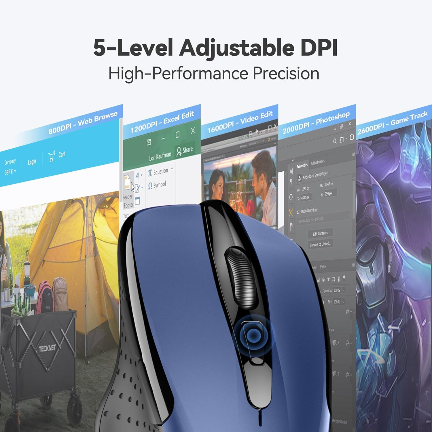 TECKNET Wireless Mouse, 2.4G Ergonomic Optical Mouse, Computer Mouse for Laptop, PC, Computer, Chromebook, Notebook, 6 Buttons, 2600 DPI, 5 Adjustment Levels - Grey image number 7