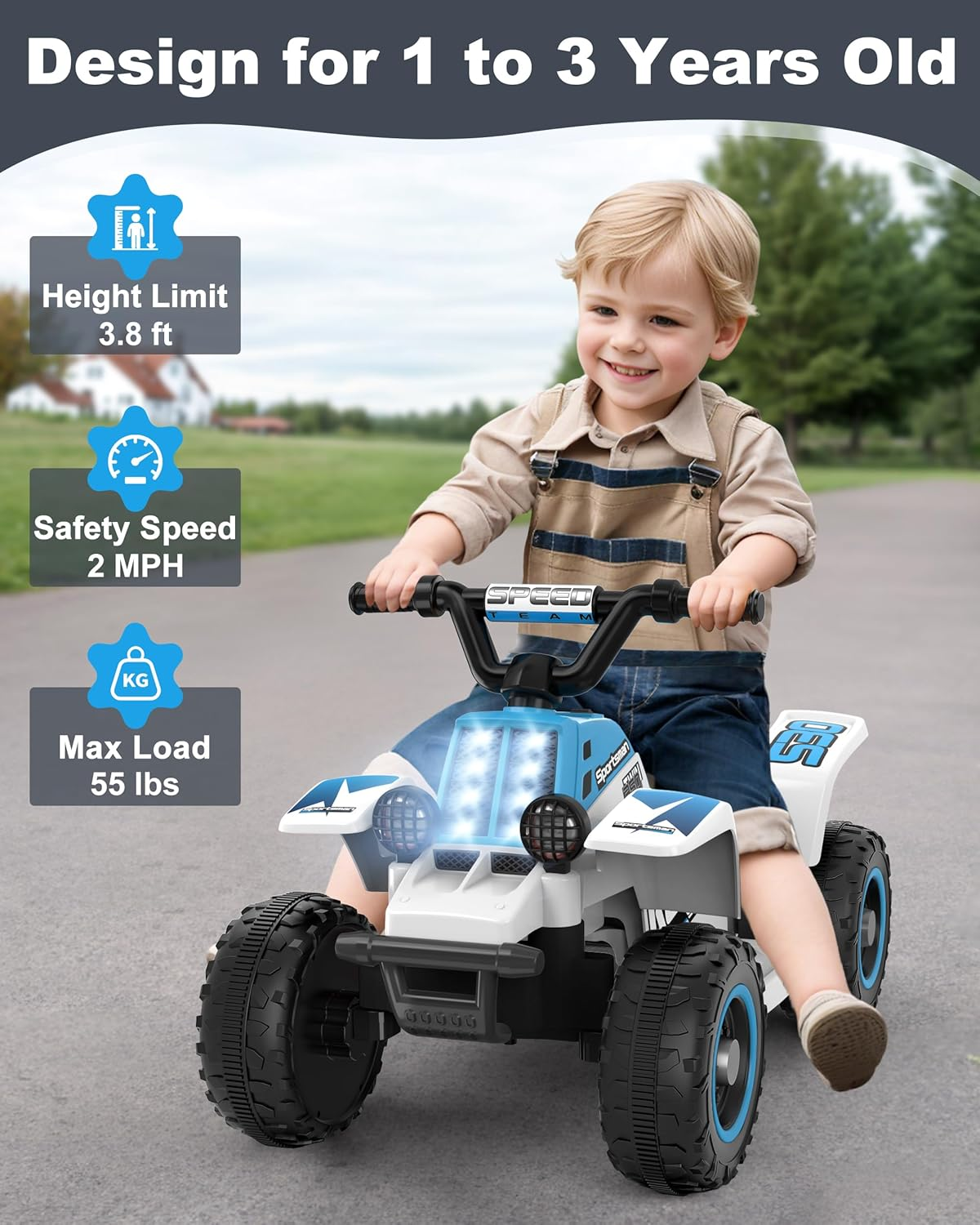ANPABO 6V 7AH Kids ATV Ride on Toy, 4 Wheeler for Toddler W/Headlight, Forward & Reverse, Horn, Music Player, USB, MP3, Treaded Tires, Ideal for Toddlers(Blue-White) - Pink image number 3