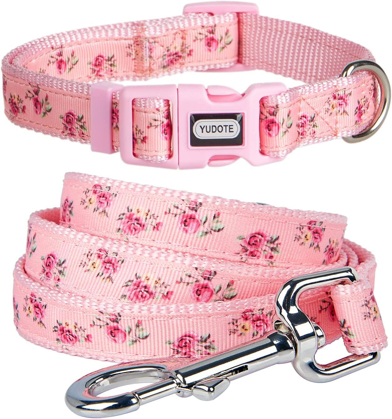 YUDOTE Floral Dog Collar and Lead Set Medium,Strong Pink Nylon Collar and Leash Combo for Active Female Dogs Daily Use,Floral Pink