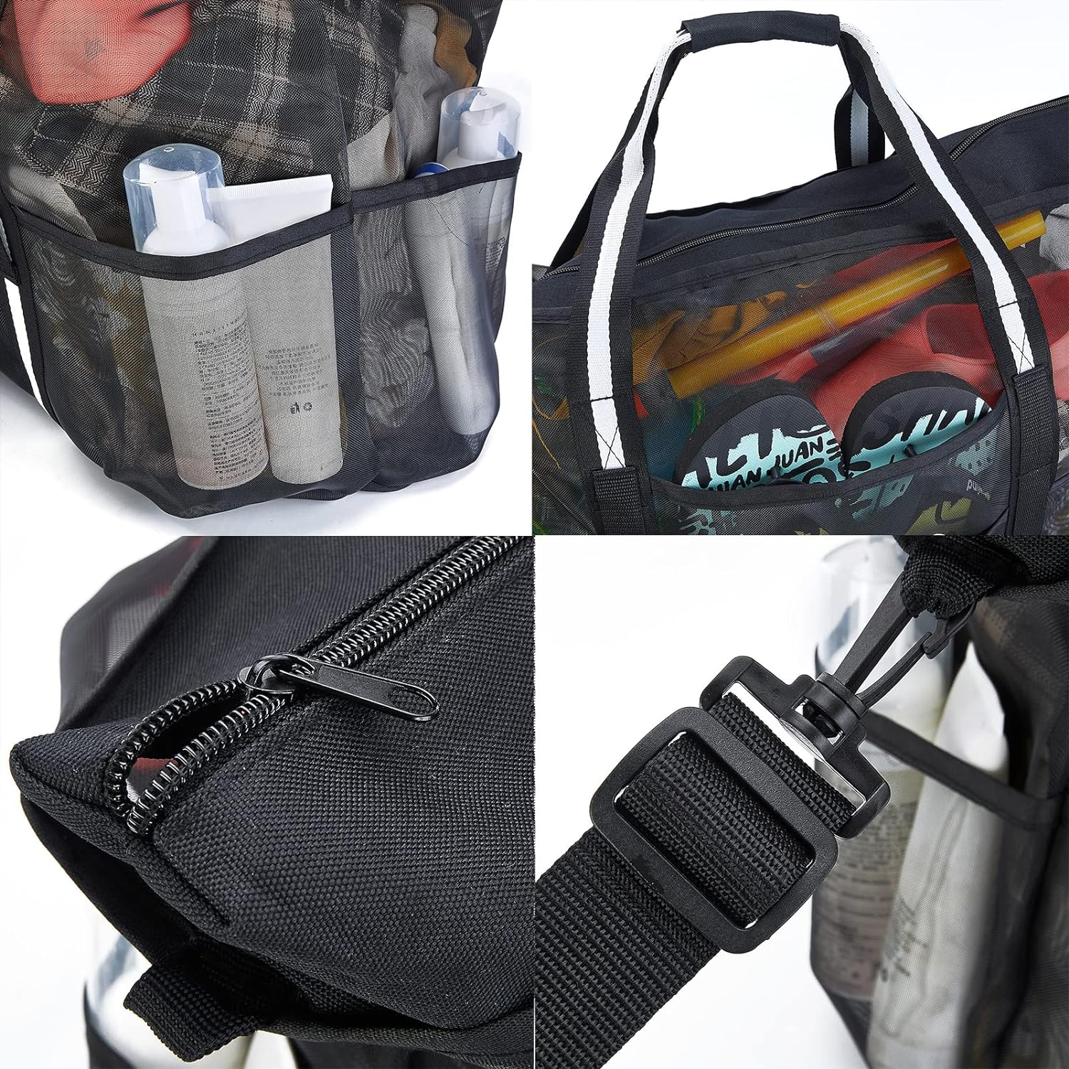 MOPHOEXII Extra Large Mesh Beach Bags Pool Bags，Vacation Beach Toy Bag Swimming Bag Packable Beach Bag Mesh Tote Bag for Women and Men, Black, Black, Large