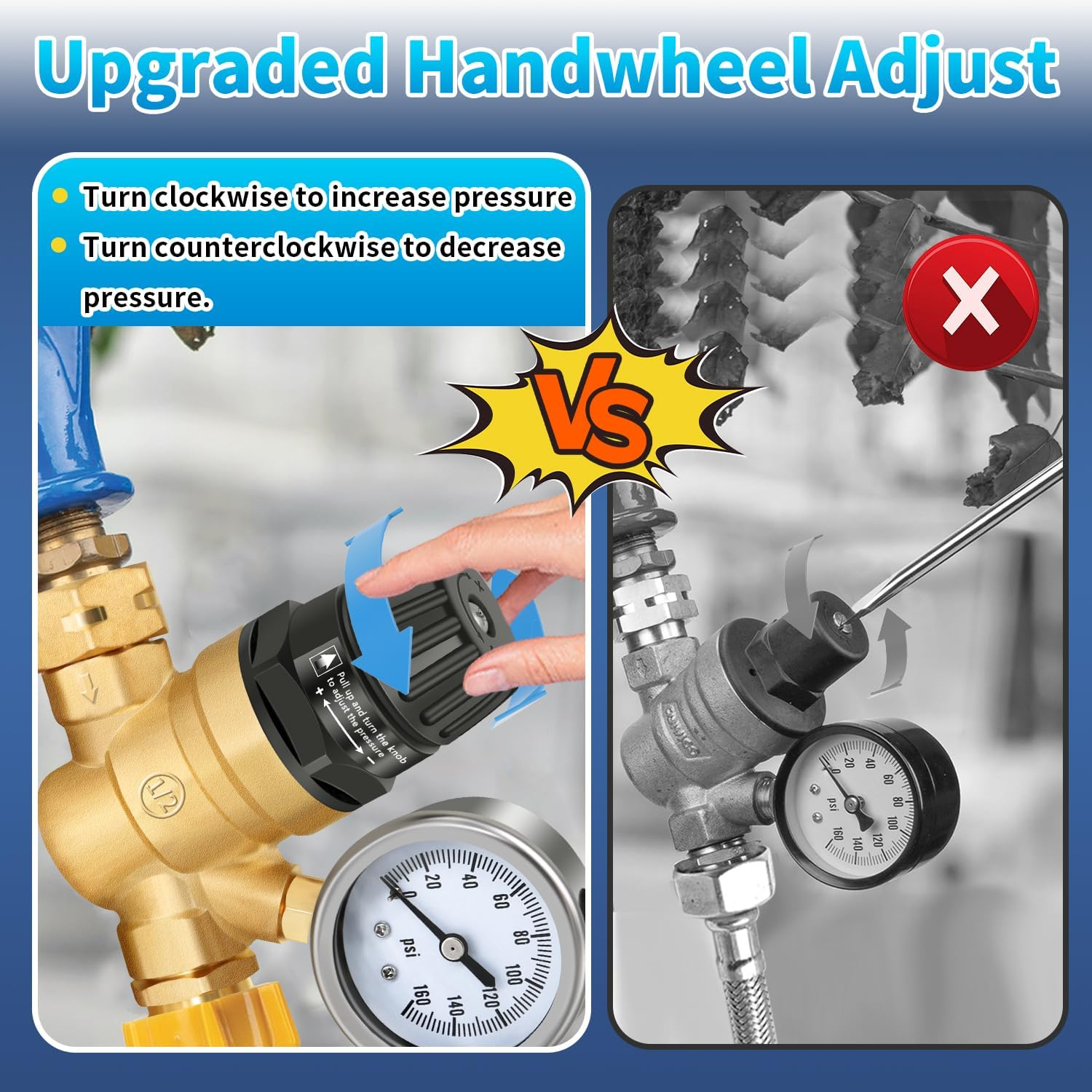 Adjustable Handle RV Water Pressure Regulator with Gauge, Upgraded Lead-Free Brass Water Pressure Regulator for RV Camper, Hose Pressure Regulator Reducing Valve, Fit for RV Camper Travel Trailer image number 2