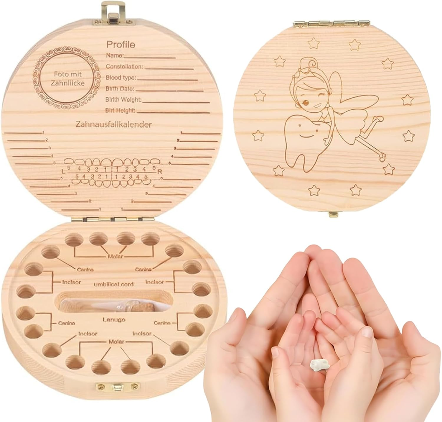 ZHIGOU Tooth Fairy Tooth Holder Umbilical Cord Keepsake Box,Cute Baby Teeth Keepsake Box with Tweezer and Fetal Hair Container,Girls Wooden Tooth Fairy Box Baby Teeth Box image number 2