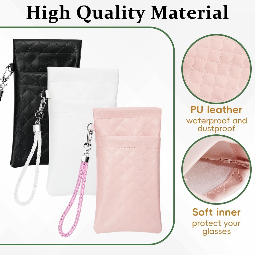 RETON 3 PCS Double Eyeglasses Case with Carrying Strap, Pink Black and White Color Sunglasses Pouch Soft Portable PU Leather Case for Women Men