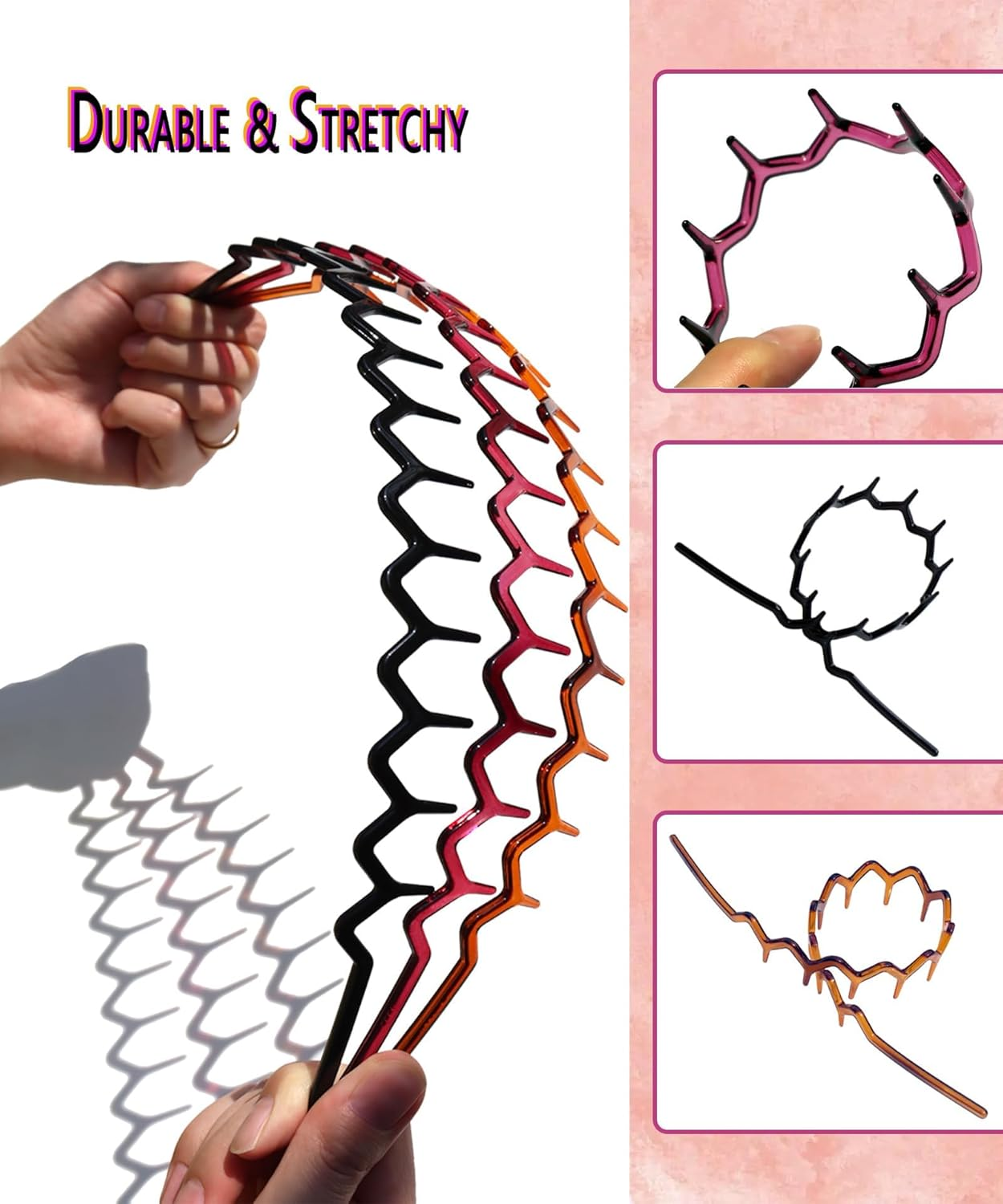 3 Piece Zigzag Hair Comb Set - Plastic Shark Tooth Hair Brush, Headband, 90S Style (1 Black + 1 Brown + 1 Purple)