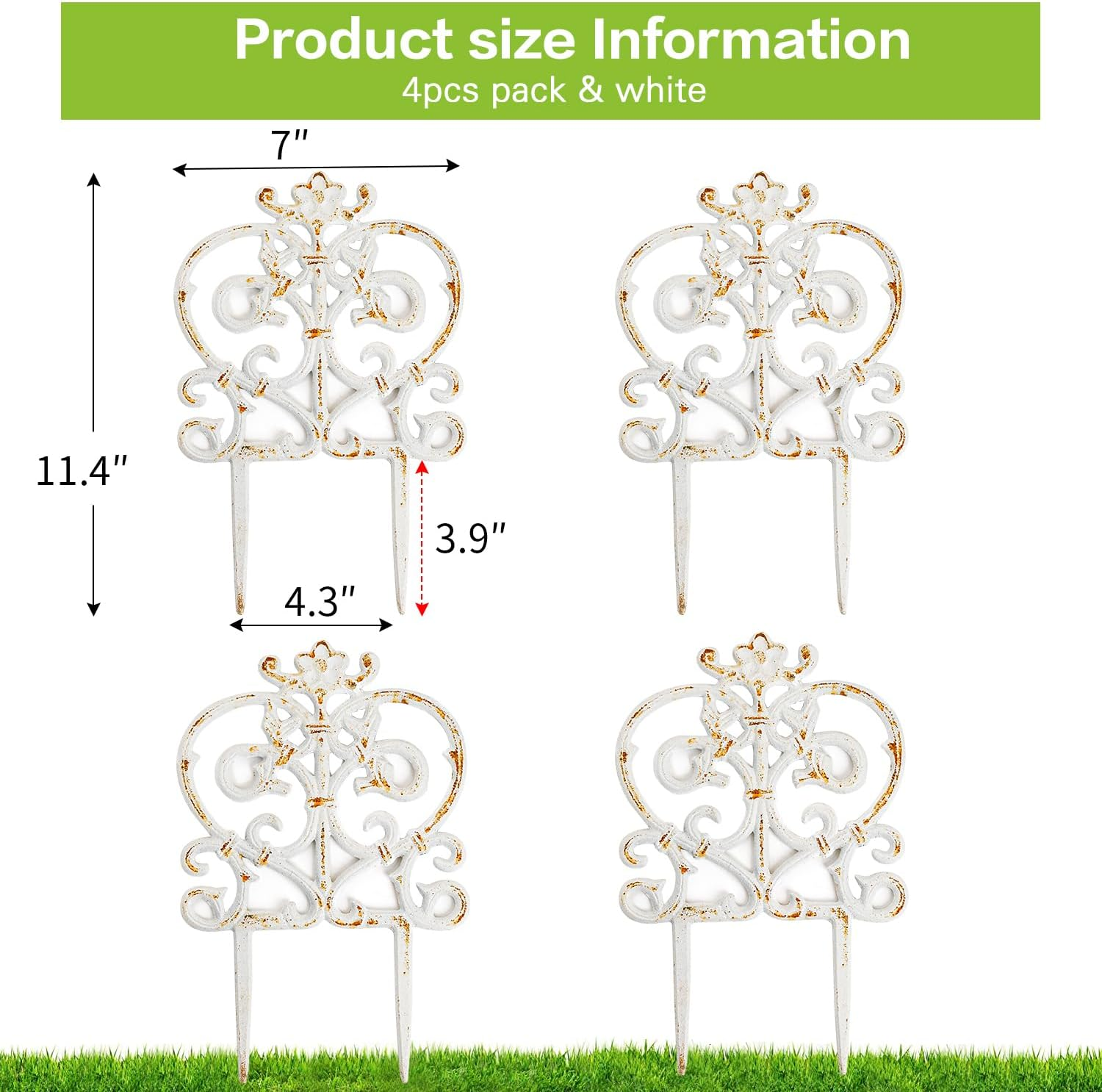 Sungmor Decorative Cast Iron Garden Edging, 4 Pack Rustic White Victorian Garden Edging Landscape Border, Vintage Metal Yard Stake Low Picket Fence, 11.8" Tall Outdoor Flower Bed Lawn Fence Panels image number 3