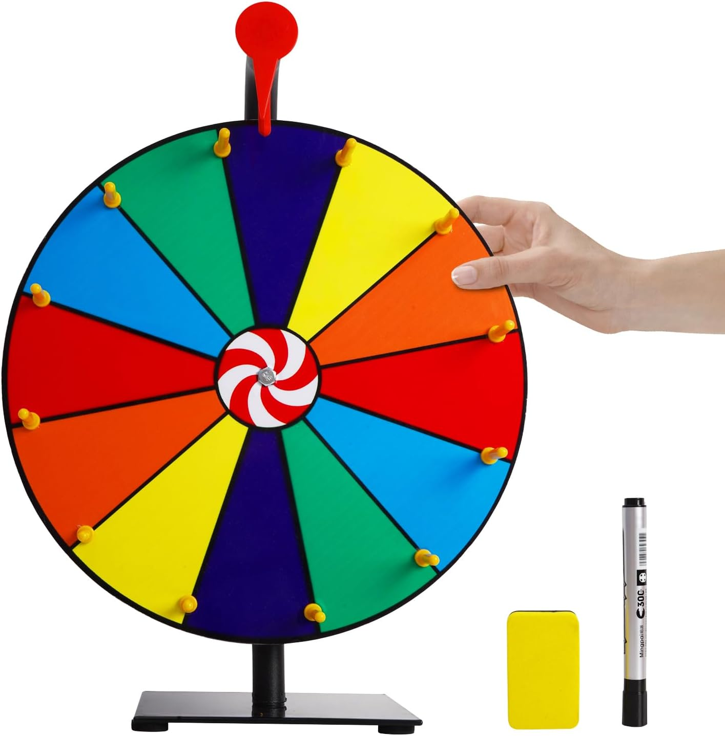 Lehom 12" Tabletop Spinning Prize Wheel, 12 Slots Color Tabletop Roulette Spinner Wheel, Casino Prize Wheels with Dry Erase Markers and Eraser for Carnival Trade Show Party Fortune Spin Game image number 1