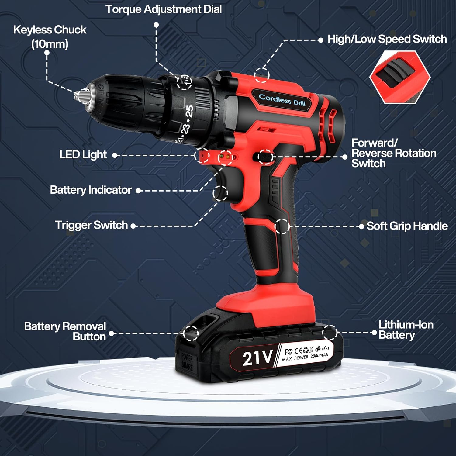Cordless Drill Driver 21V: Powerful Cordless Drill Set with 2 Batteries 2.0Ah, 25+3 Torque, 24PCS Drill Bits, 2 Speed, LED Light for DIY Project