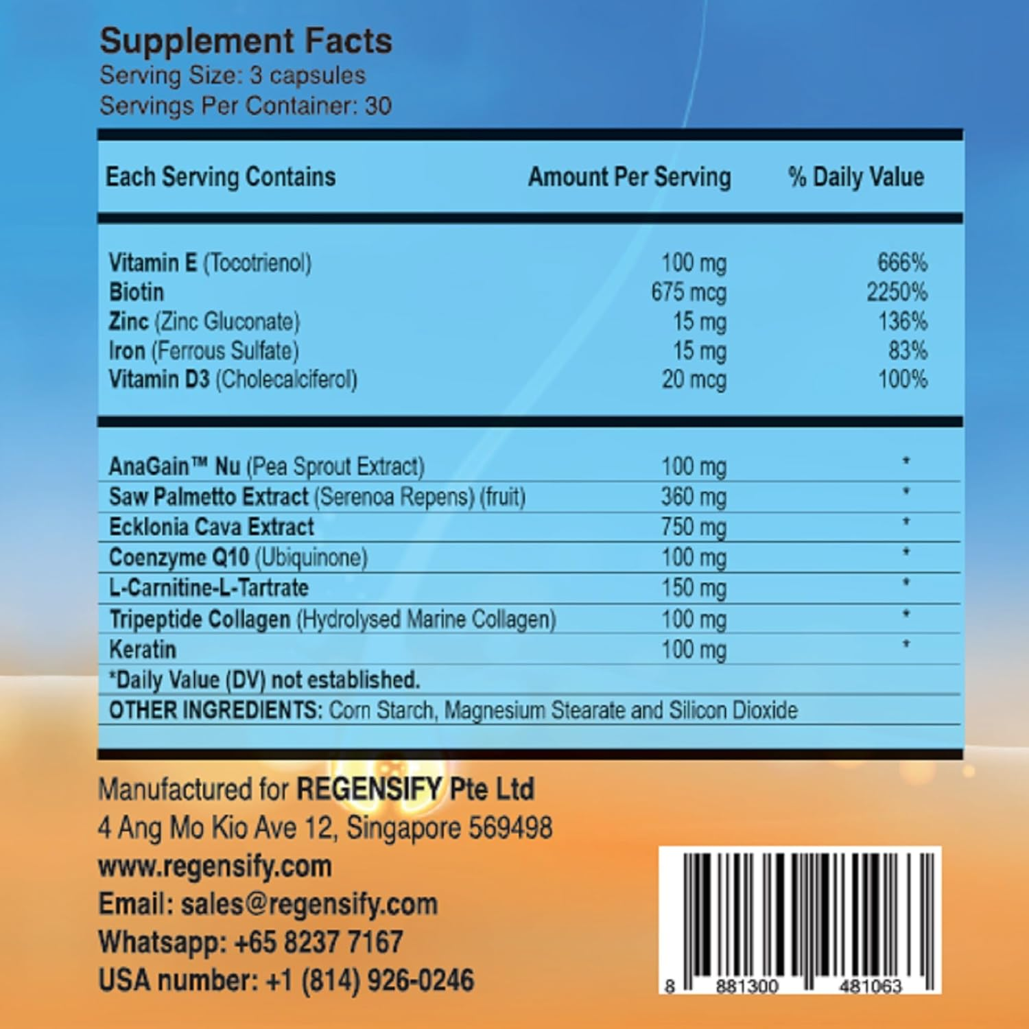 REGENSIFY Redensifying Hair Nutrition - Hair Regrowth Supplement with Anagain Nu, Saw Palmetto, Ecklonia Cava, Coenyzme Q10, Tocotrienol, L-Carnitine | DHT Blocker | anti Hair Loss for Men & Women image number 5