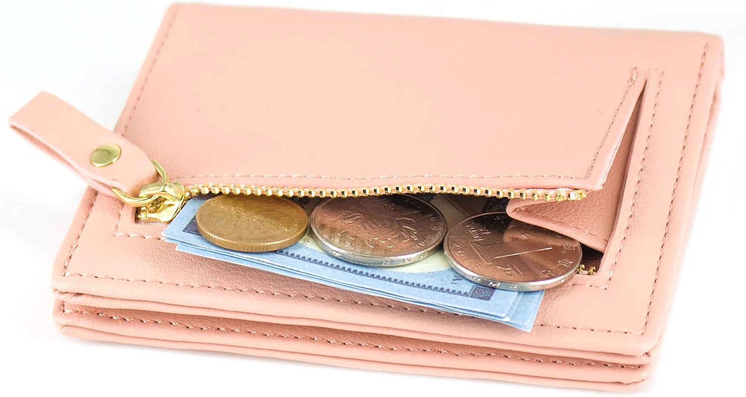 SUMGOGO Small Wallet for Women Slim Leather Card Holder RFID Mini Bifold Short Front Zipper Pocket Coin Purse, Pink, Small, Minimalist - Blue image number 2