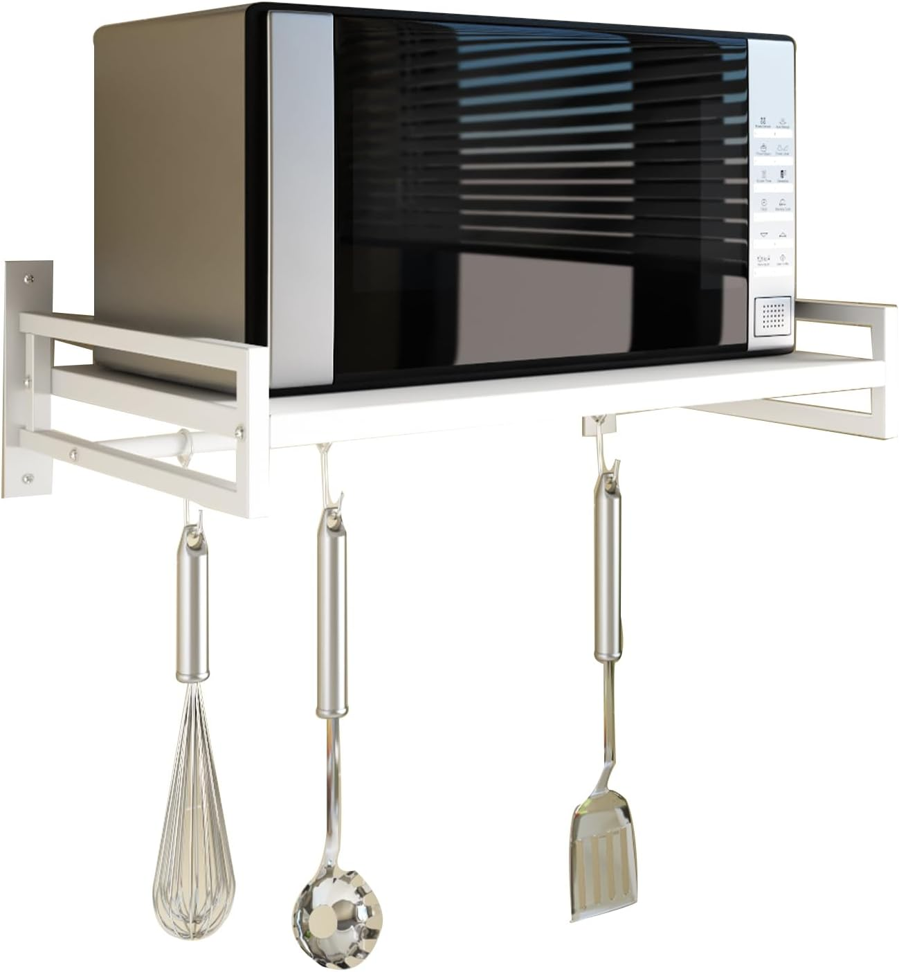 ABCOOL Wall Mount Microwave Oven Shelf Rack for Kitchen Home, Carbon Steel Counter Countertop Holder with Hook Rail and 3 Slidable Hooks