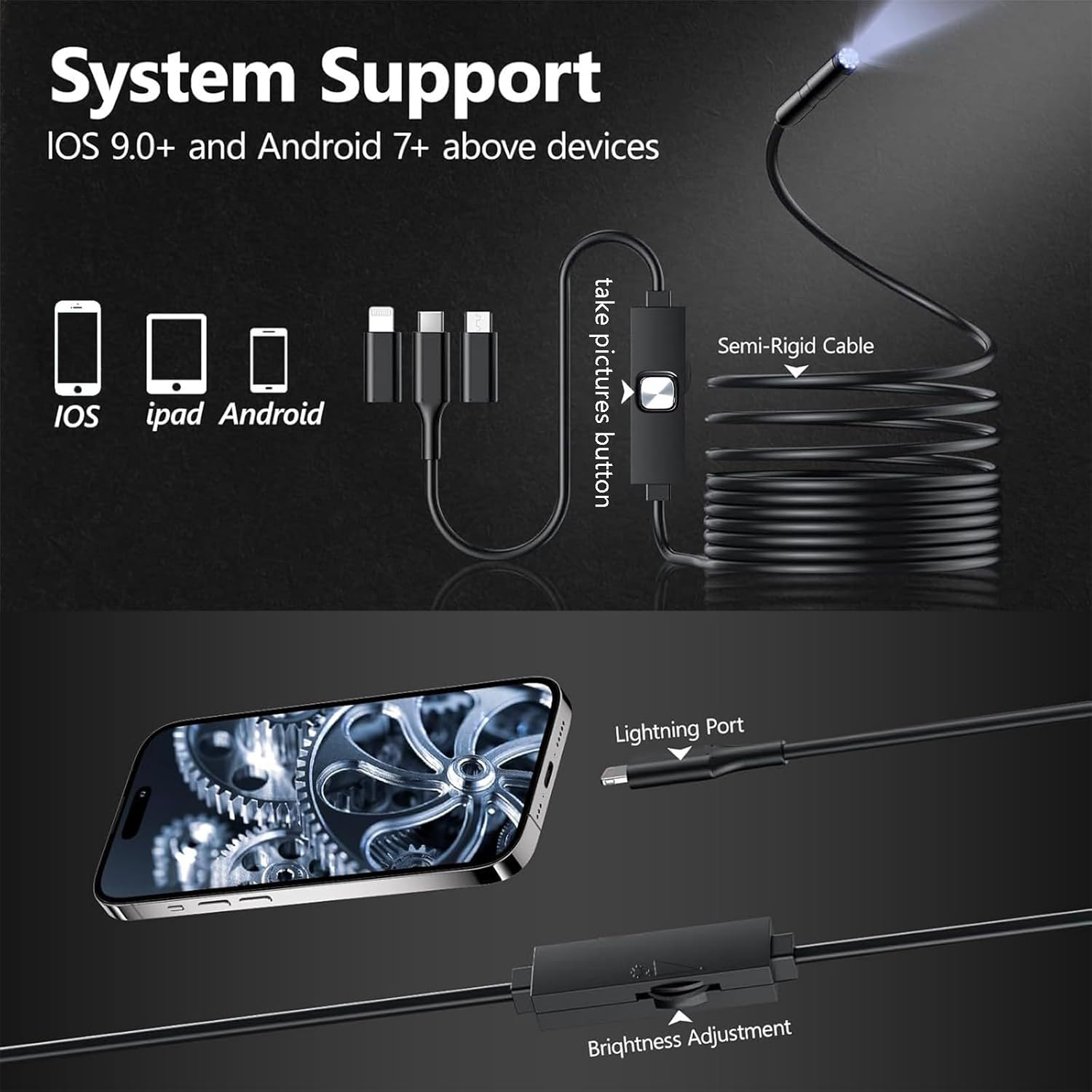 [Single Lens] Borescope,Endoscope Camera with Light,1920P Inspection Camera with 8+1 Adjustable LED Lights, Endoscope with 5M Semi-Rigid Cable Waterproof Snake Camera for Iphone, Ipad, Samsun、Android image number 3
