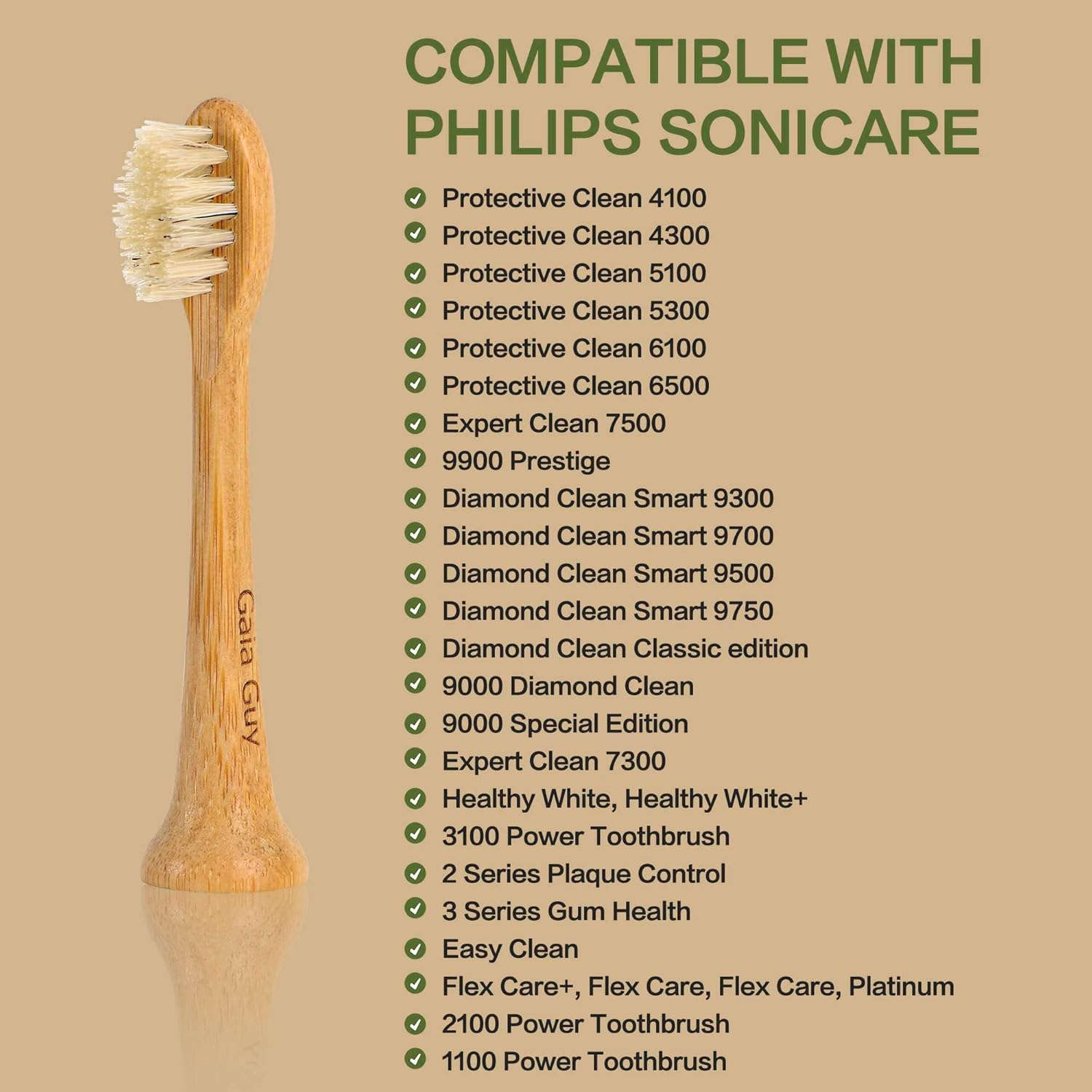 Gaia Guy Natural Bamboo & Boar Bristle Electric Toothbrush Head 4-Pack | Compatible with Philips Sonicare | Truly Biodegradable (No Hidden PLA & No Nylon) for an Eco-Friendly Clean